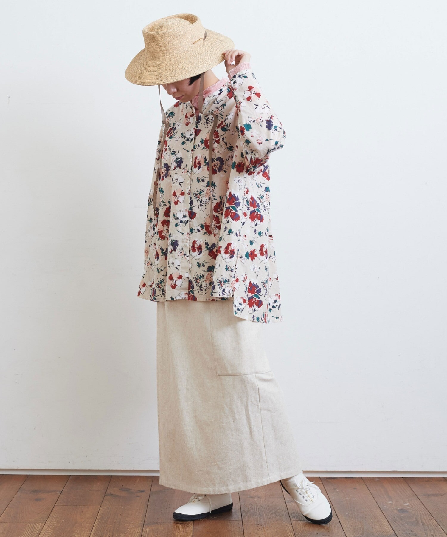 AMBIDEX Store ○○フラワープリントスキッパーブラウス Cotton/linen