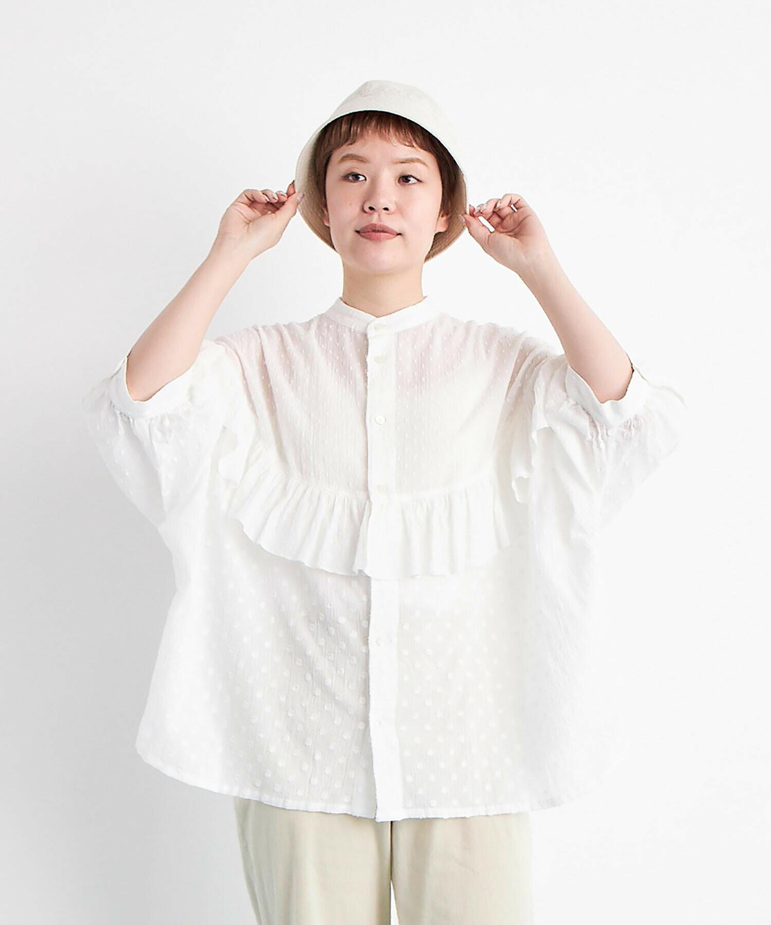 AMBIDEX Store DOT CUT DOBBY ROUND FRILL ブラウス(F LIGHT BLUE