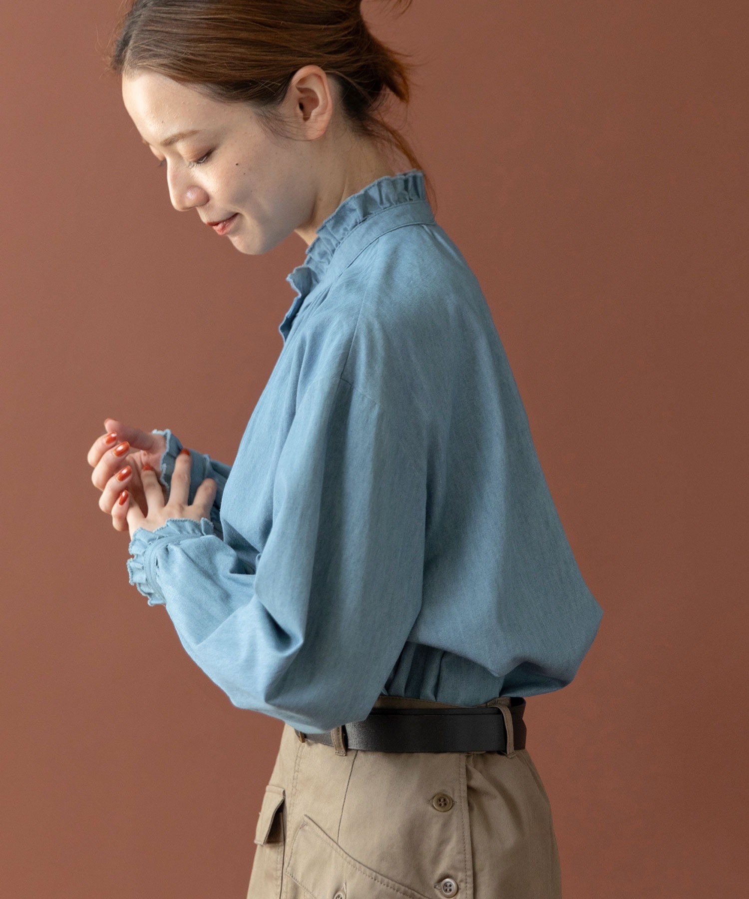 AMBIDEX Store ○ライトオンスデニム スタンドフリルブラウス(F