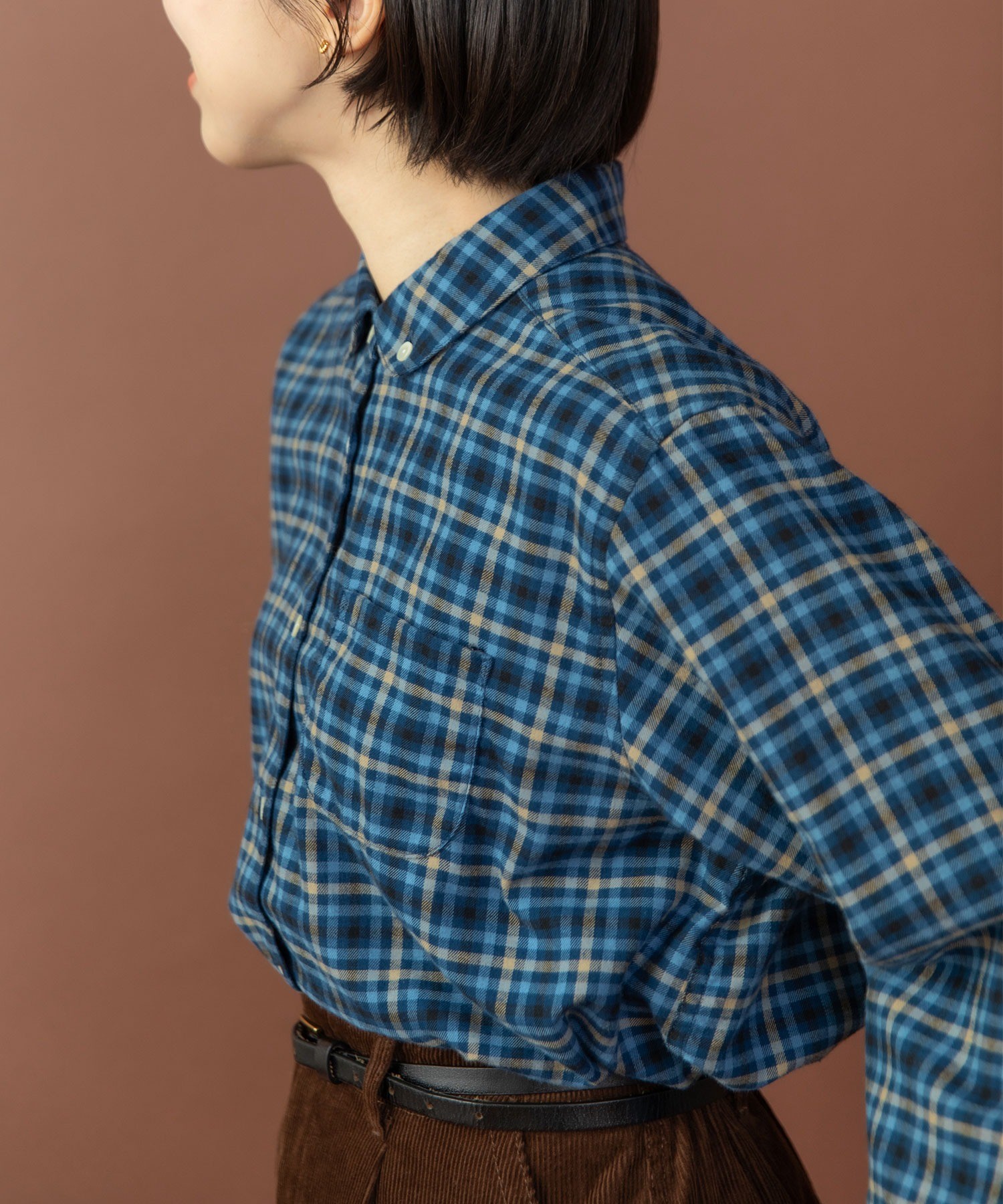 AMBIDEX Store ネルチェック 丸襟ボタンダウンシャツ(F アオ): PAR ICI