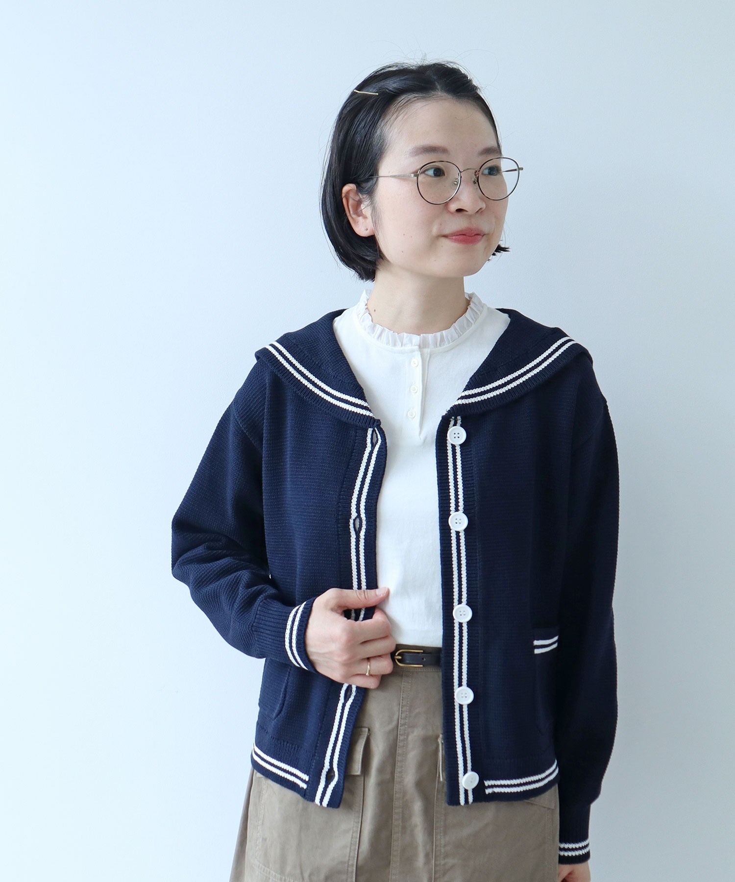 メル61666 AMBIDEX Store ○コーマ天竺 ヘンリーネックフリルカットソー(F シロ