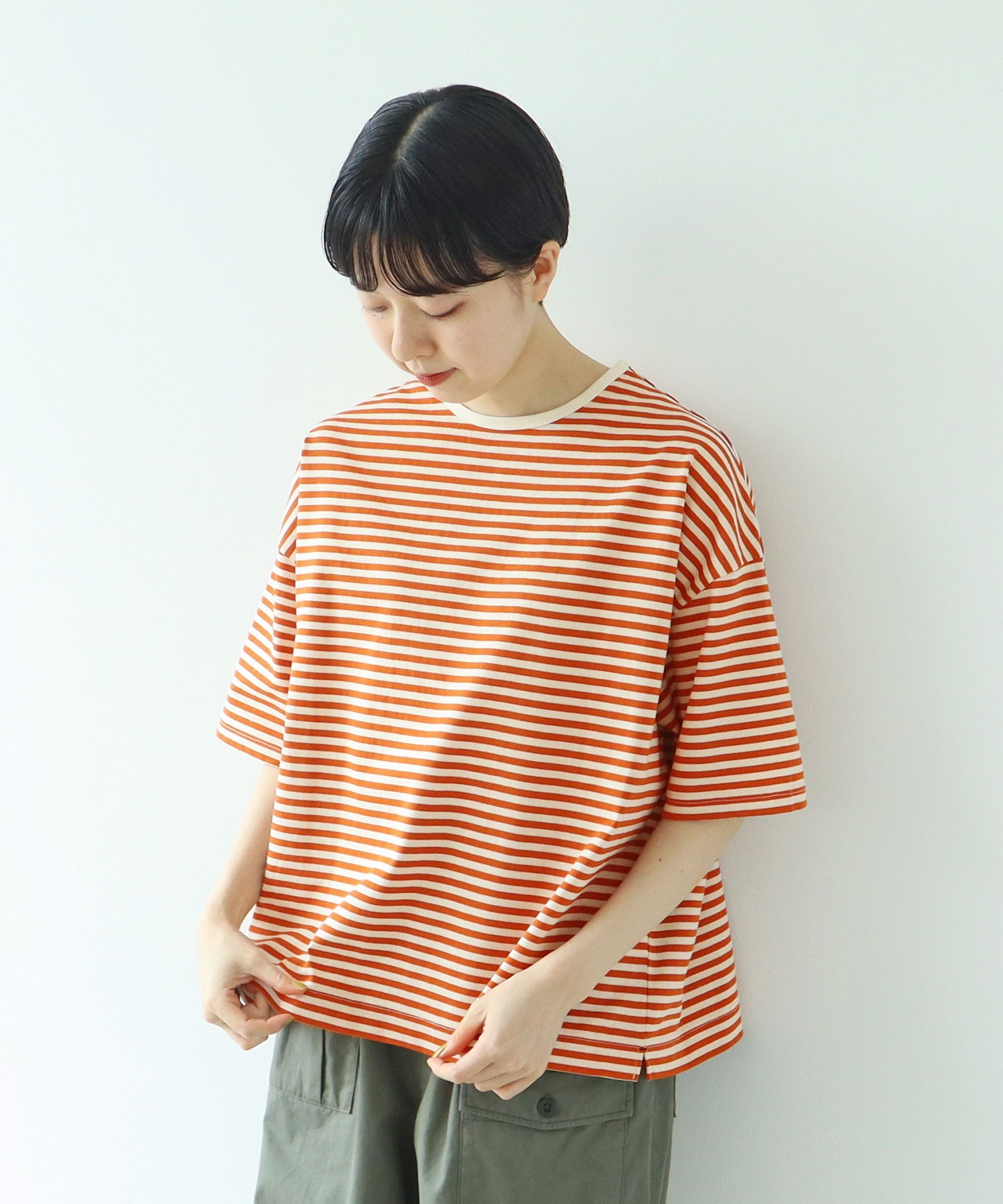 AMBIDEX Store △ボーダー配色バインダー 5分袖BIG Tシャツ(F