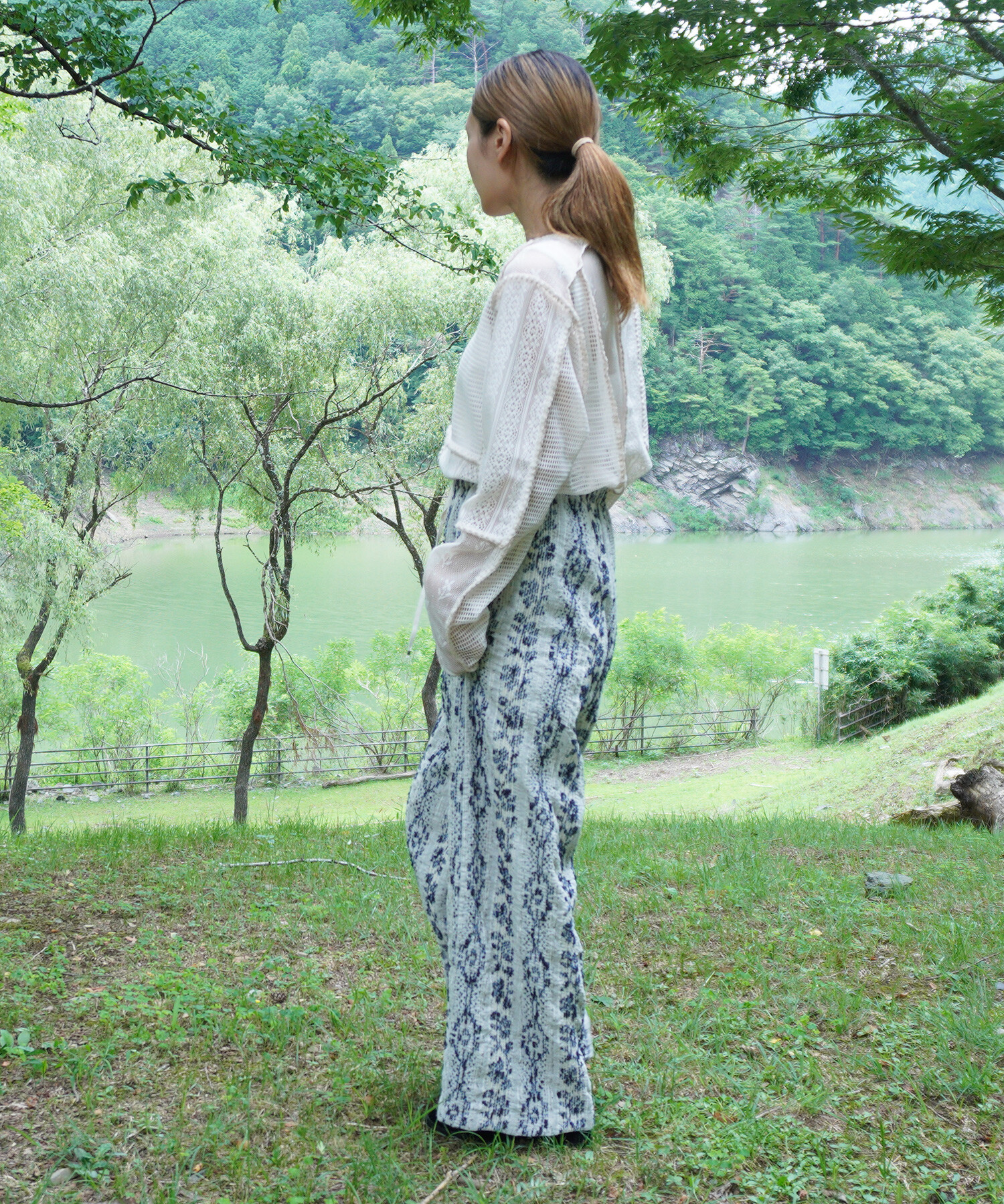 AMBIDEX Store △〇mix yarn jacquard ギャザーパンツ(F ピンク