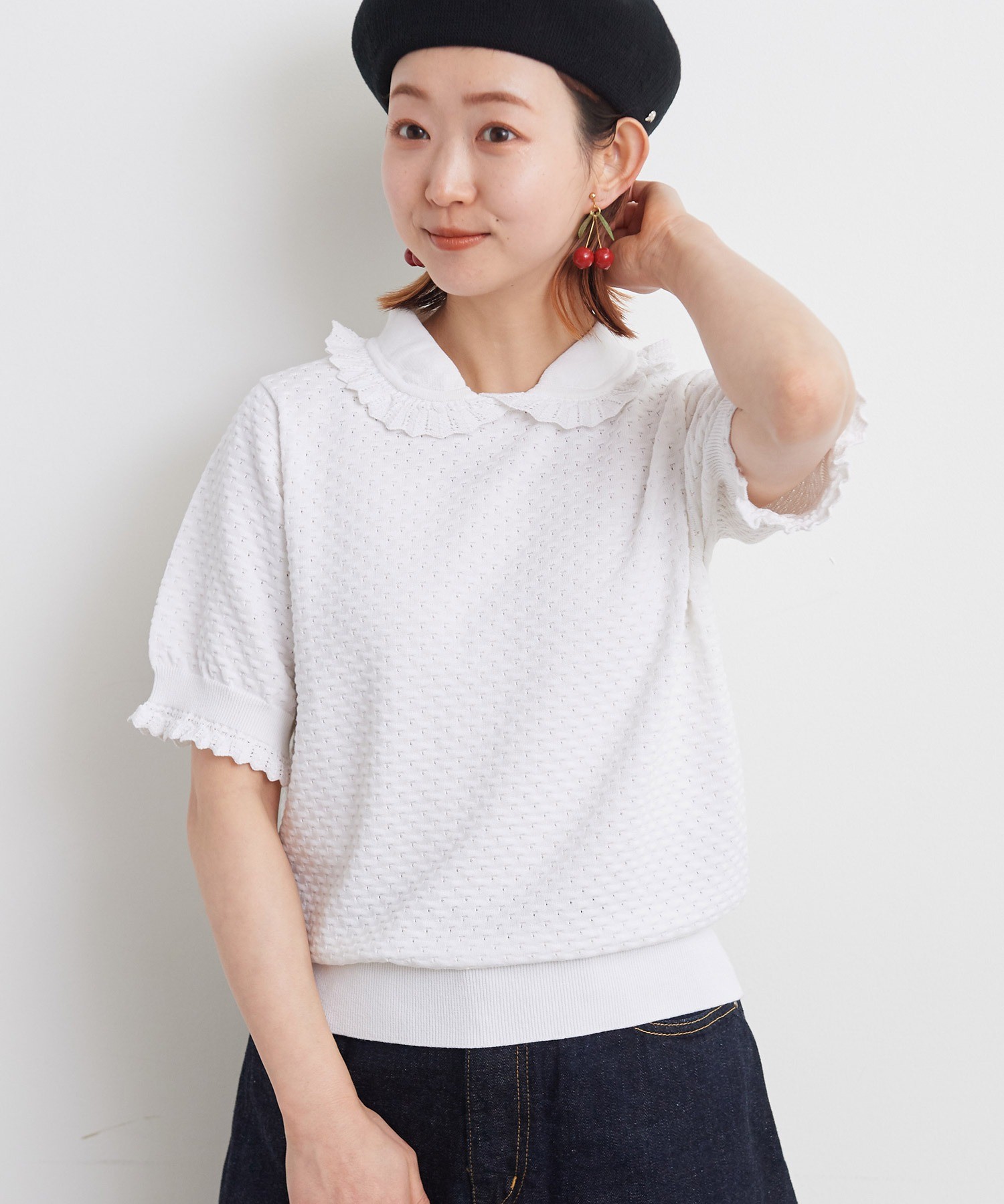 AMBIDEX Store ○40/2強撚綿すかし編み えり付き半袖プルオーバー(F オフホワイト): Dot and Stripes CHILD  WOMAN