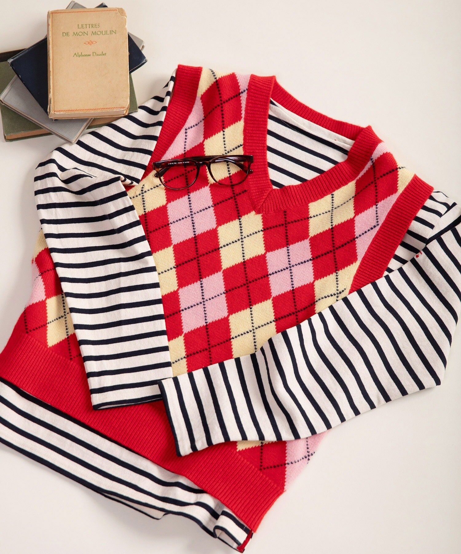 AMBIDEX Store ○メリノウール アーガイルⅤネックベスト(F アカ