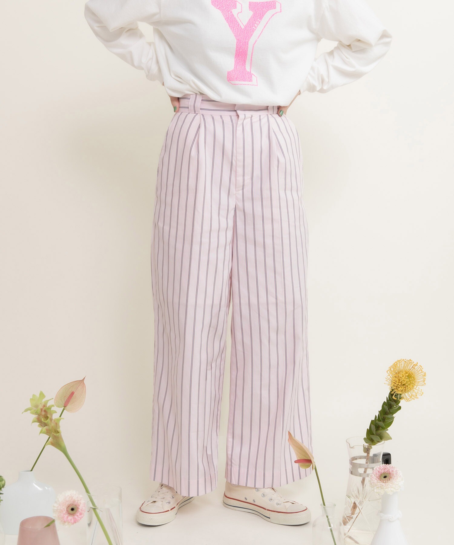 40/-オックスマルチストライプ センタープレスストレートパンツ