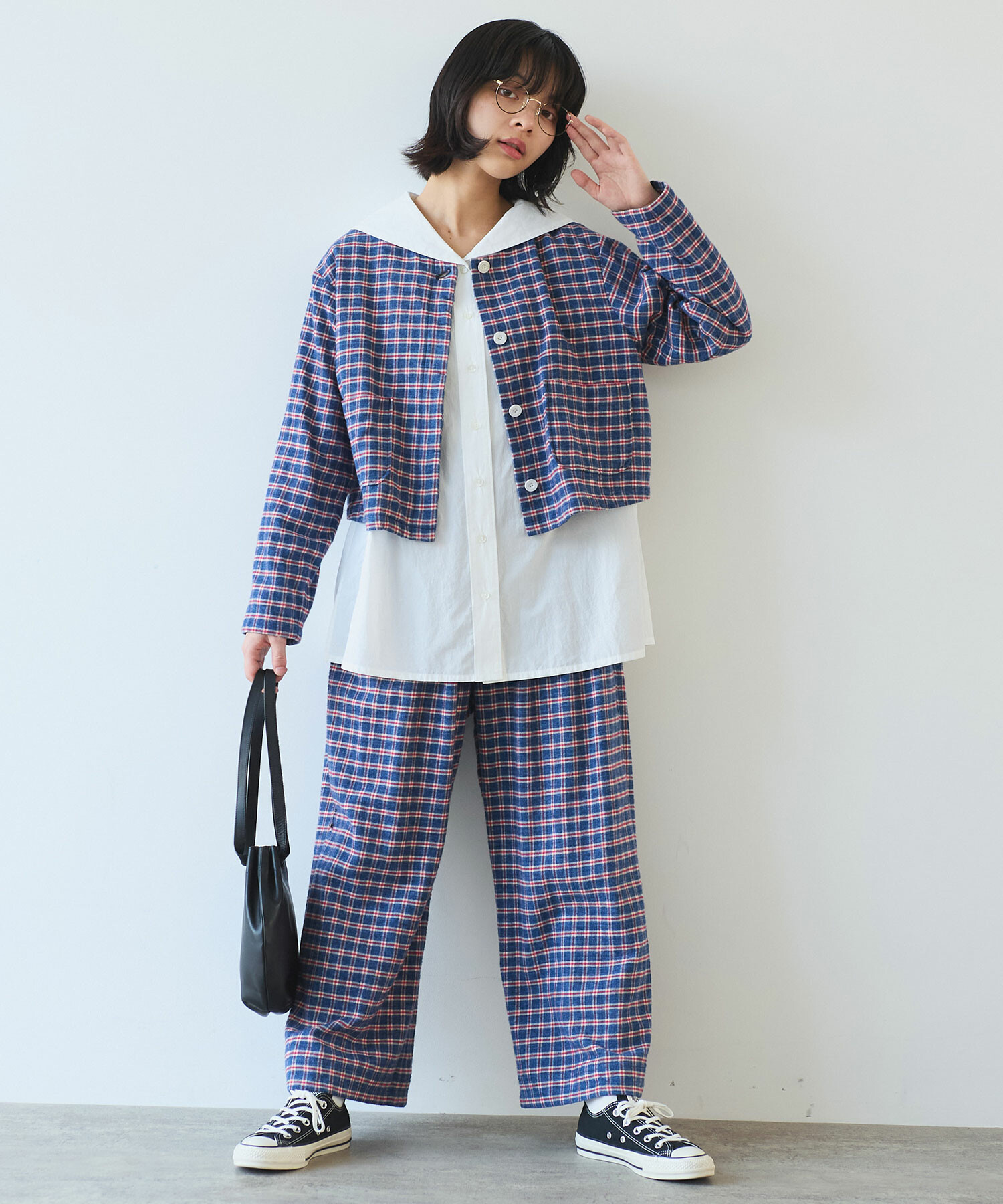 ★MINI★ソープなし★ AMBIDEX Store ○ mini チェック ノーカラーブラウス(F アオ