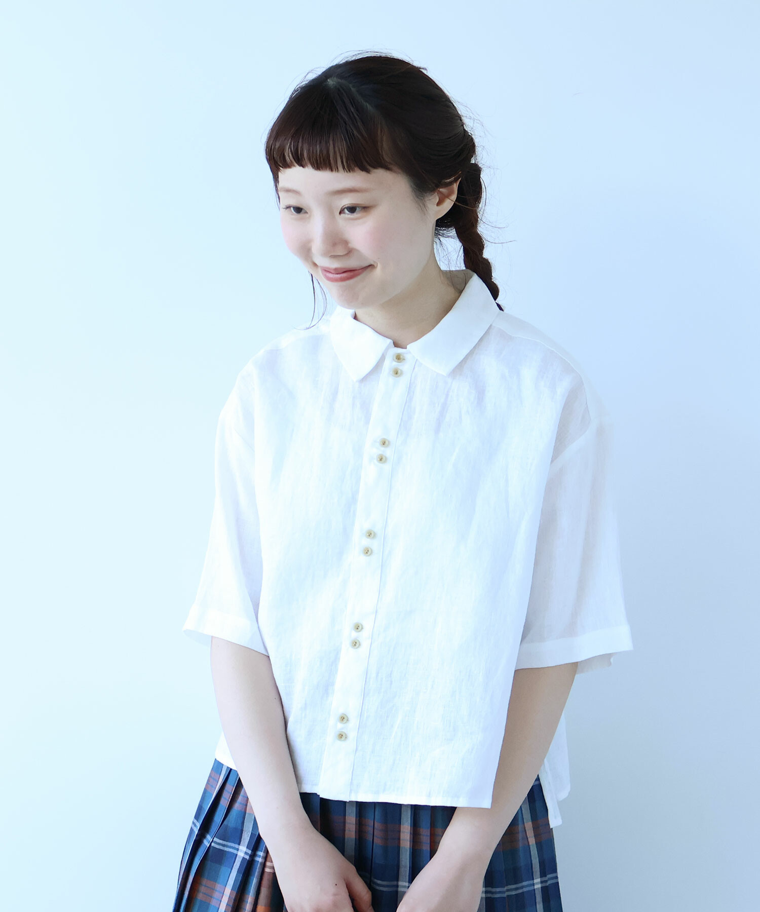 bulle de savon △○60sフレンチリネン ボーイ シャツ　白 AMBIDEX Store ○ 60sフレンチリネン boy shirt(F ベージュチェック
