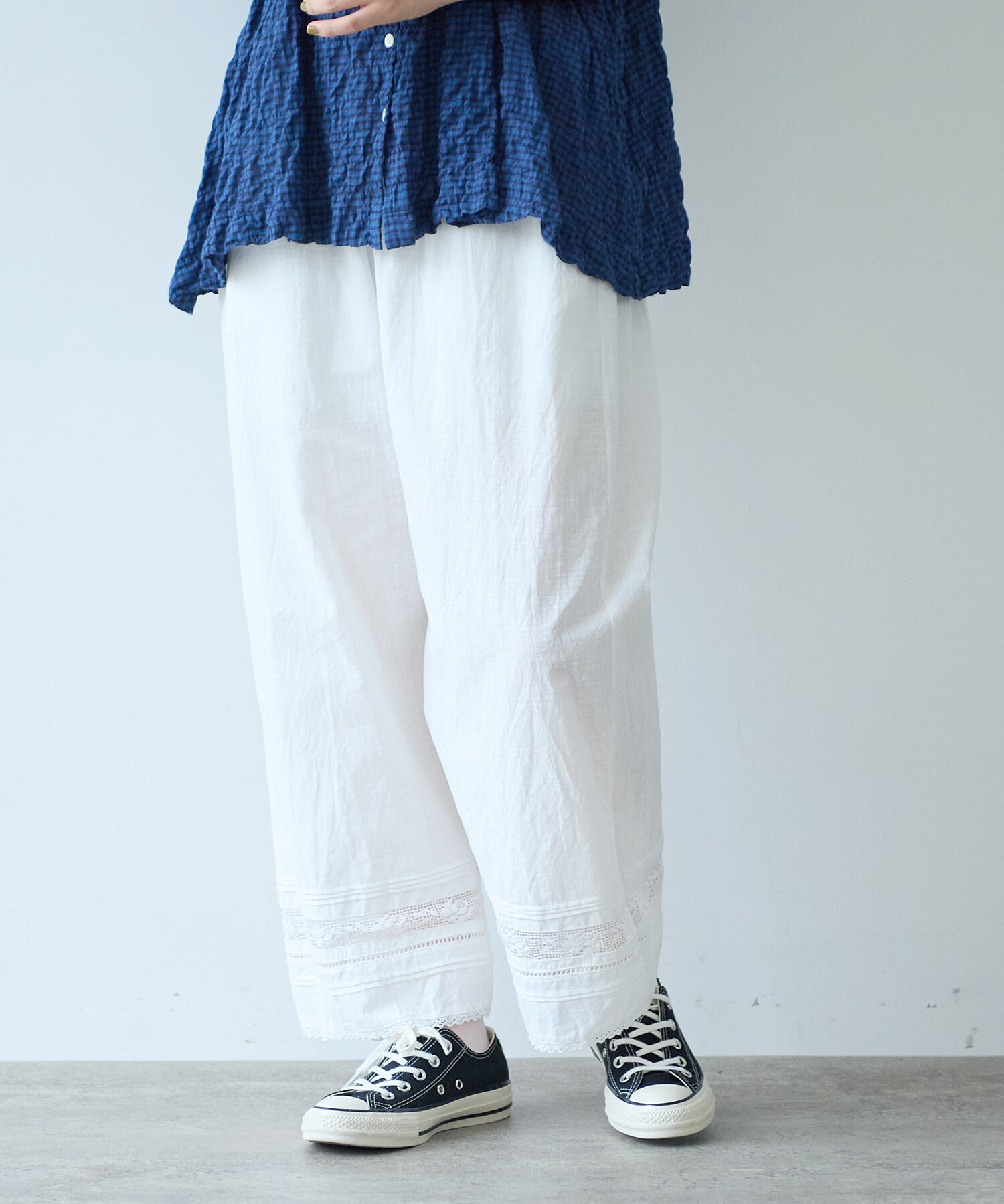 AMBIDEX Store 〇 コットン / リネン lace×pin tuck パンツ(F クロ