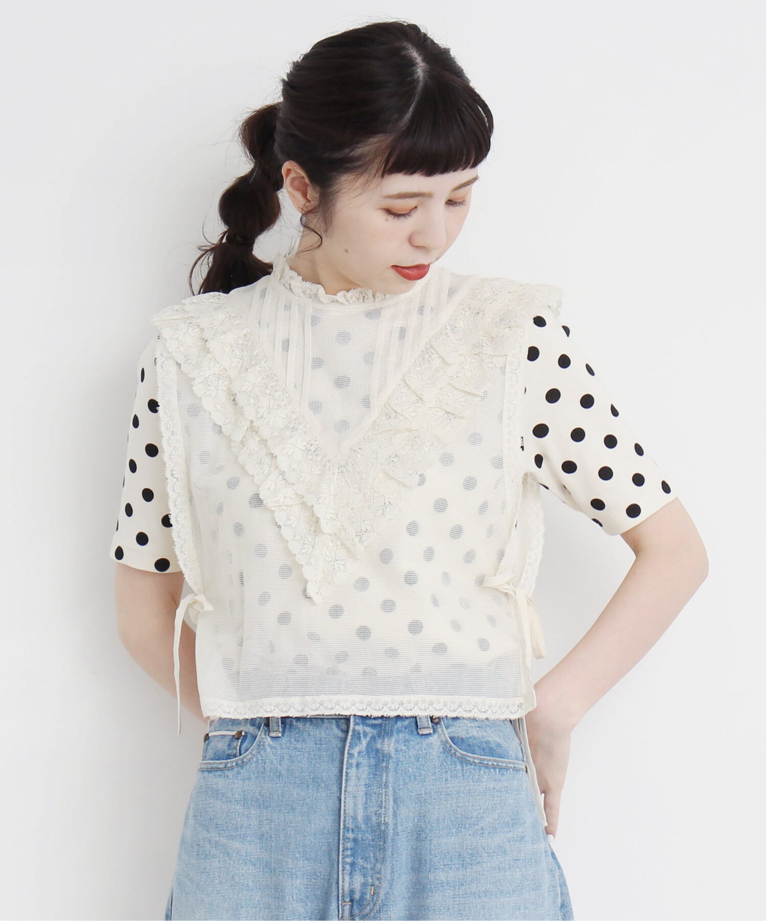 Ambidex Store コットンメッシュ レースノースリーブブラウス F スミクロ Dot And Stripes Child Woman