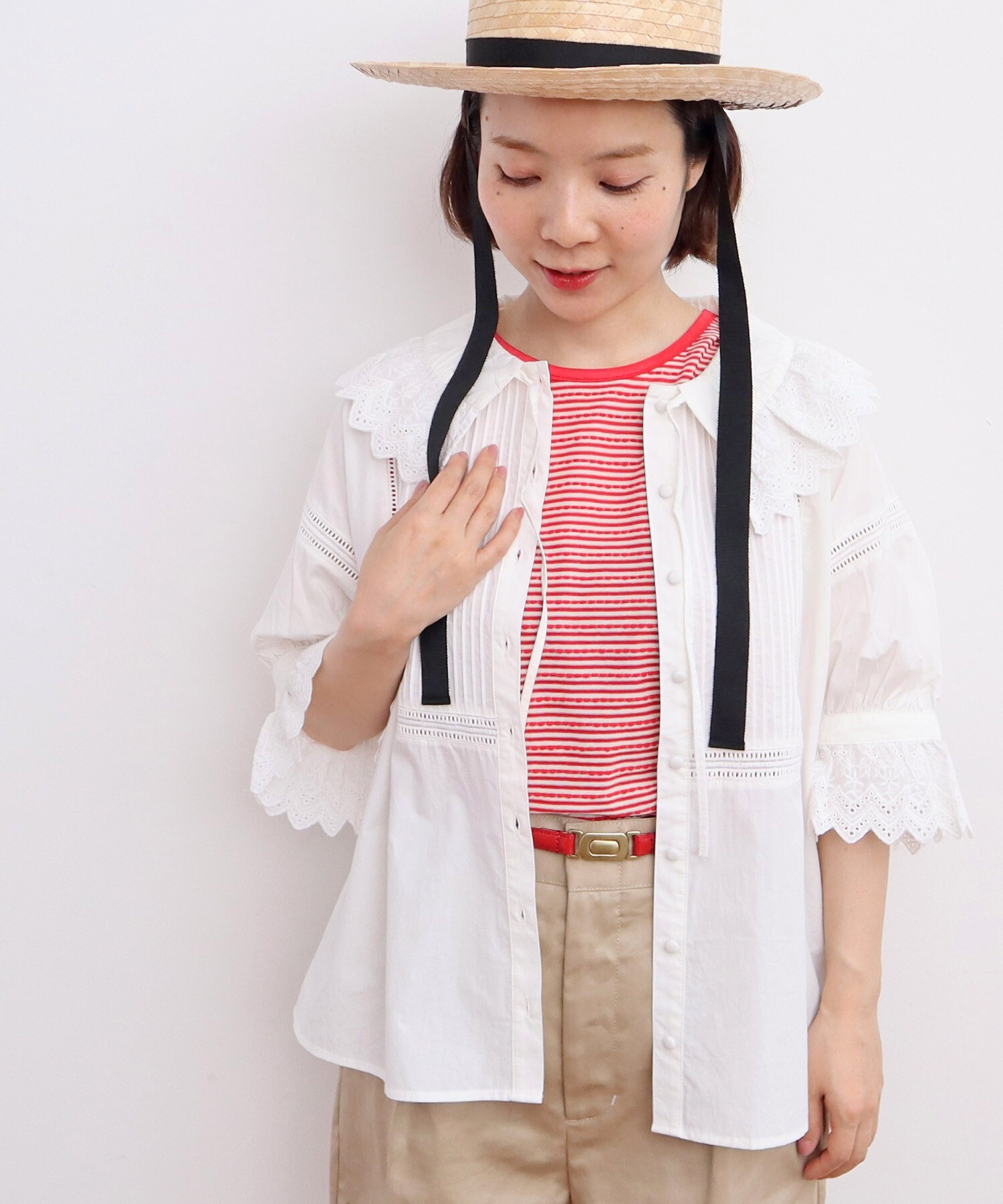 Dot＆Stripes CHILD WOMAN＊新品 ピンタック 前あきブラウス