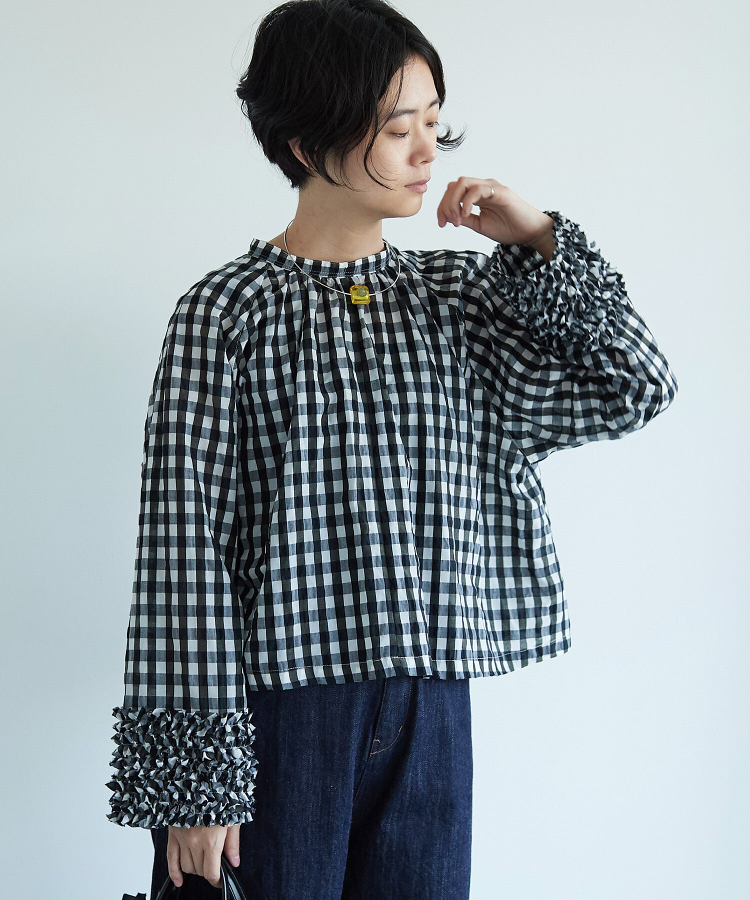 AMBIDEX Store Polyester Cotton gingham check frilled sleeves 
