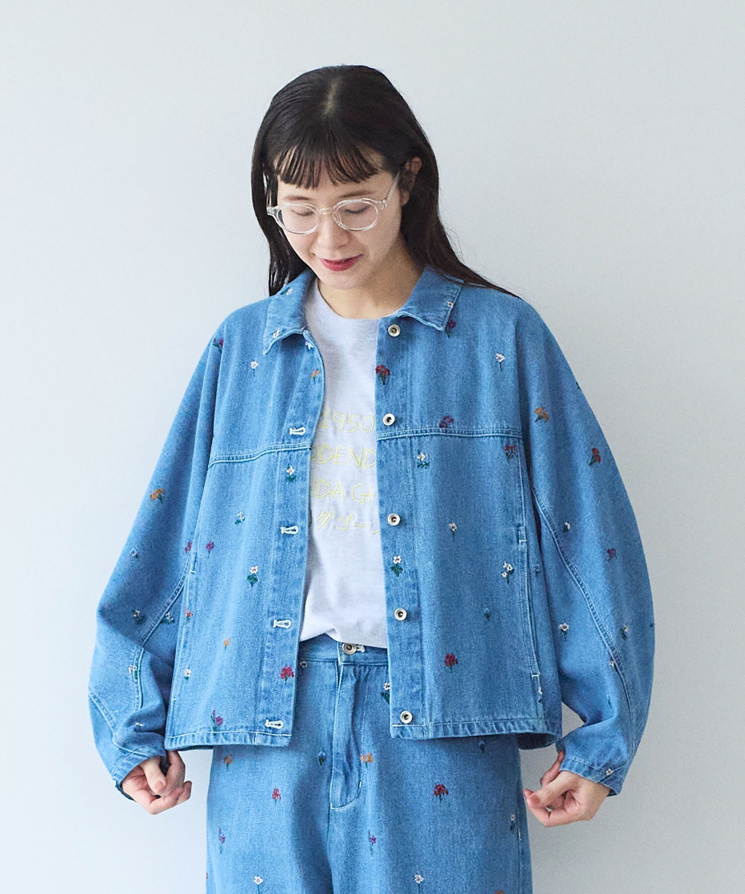 AMBIDEX Store floral embloidely denim cocoon ブルゾン(F サックス