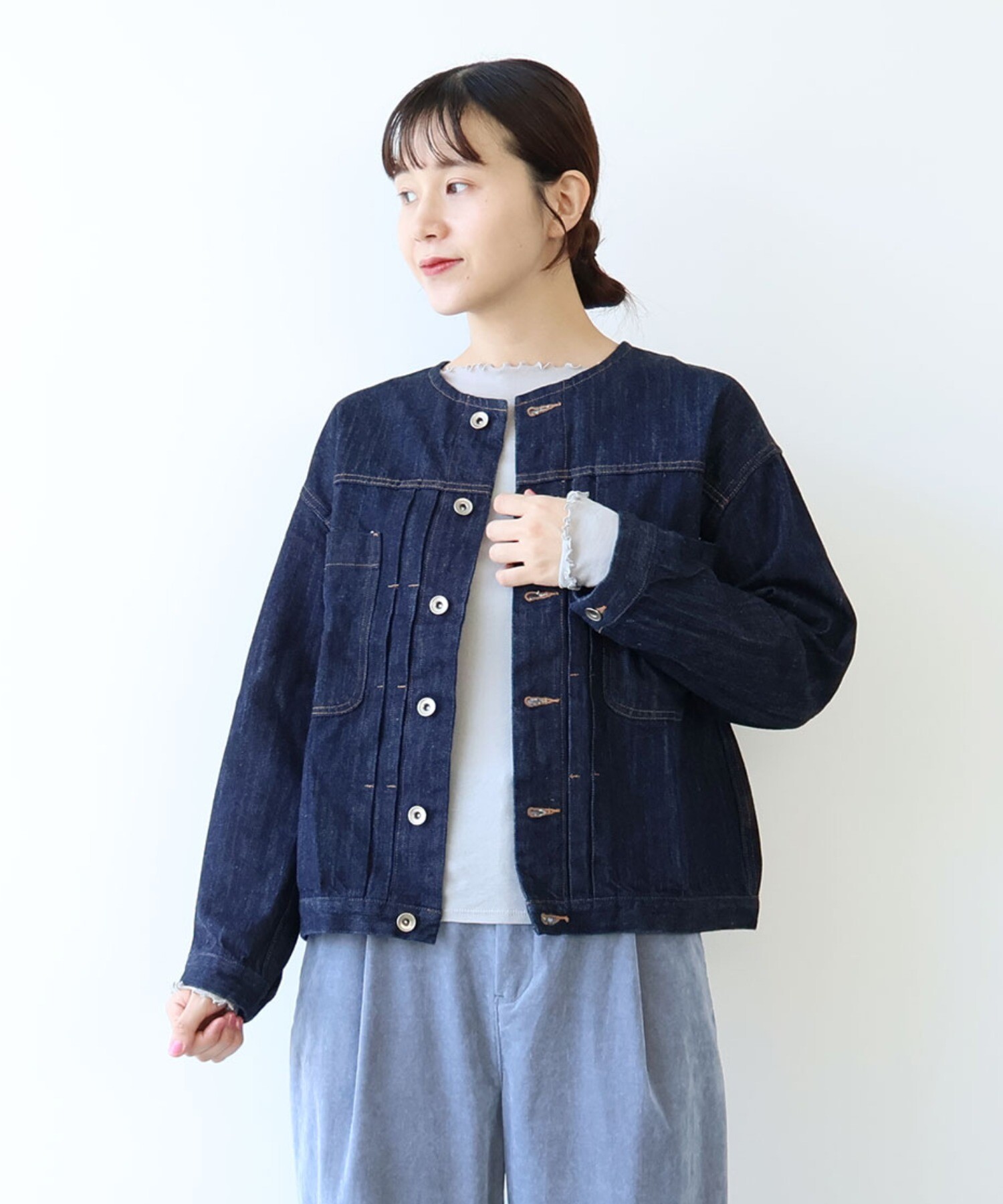 [新品] yuni／reversible jacquard ブルゾン AMBIDEX Store △cotton denim ノーカラー ブルゾン(F コン): yuni