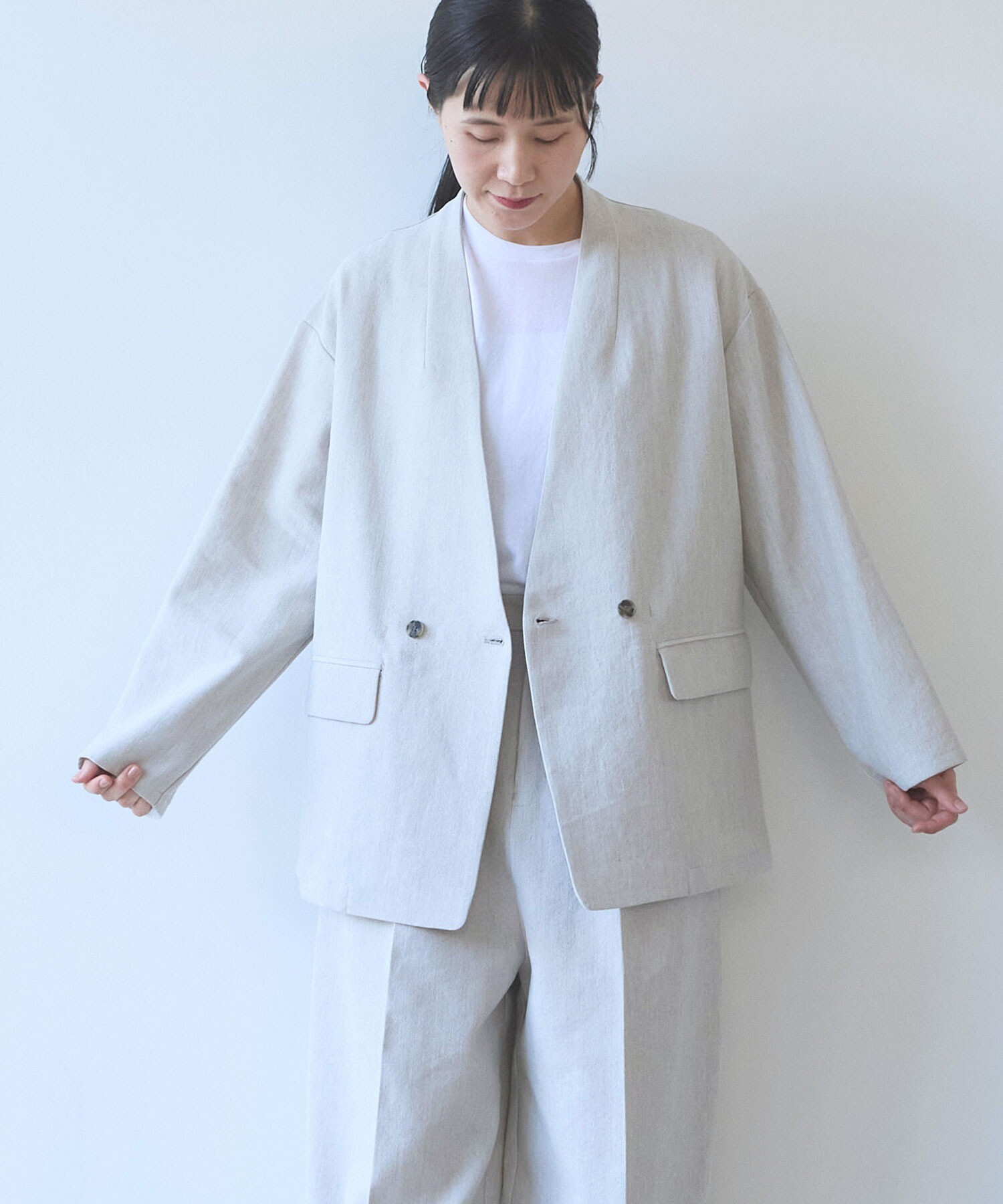 ジャケット・アウター HUMBLE NO COLLAR COCOON AMBIDEX Store Linen/Polyester double cocoon no collar ジャケット(F