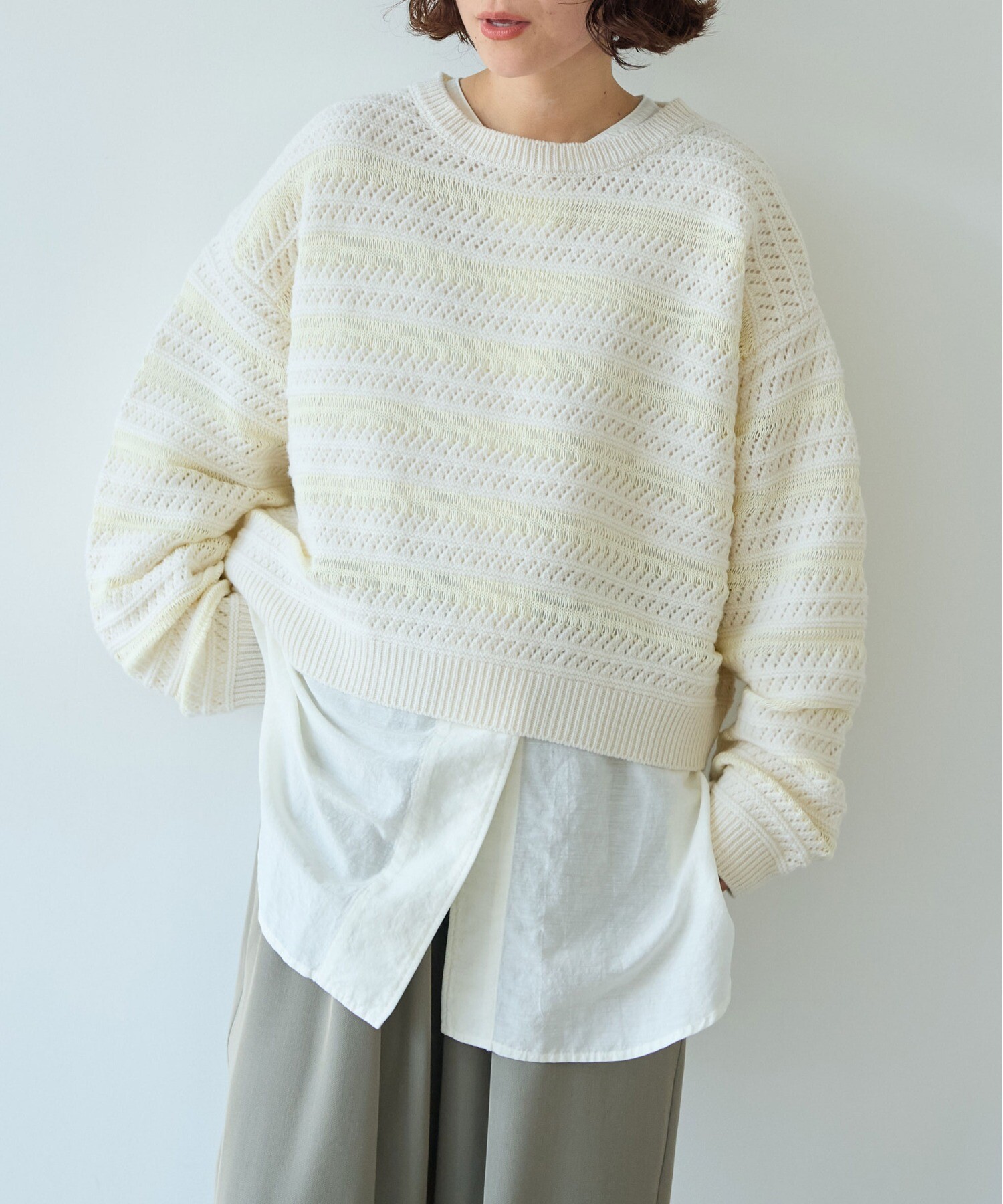 AMBIDEX Store ○ウールコットン透かし編み short プルオーバー(F クロ