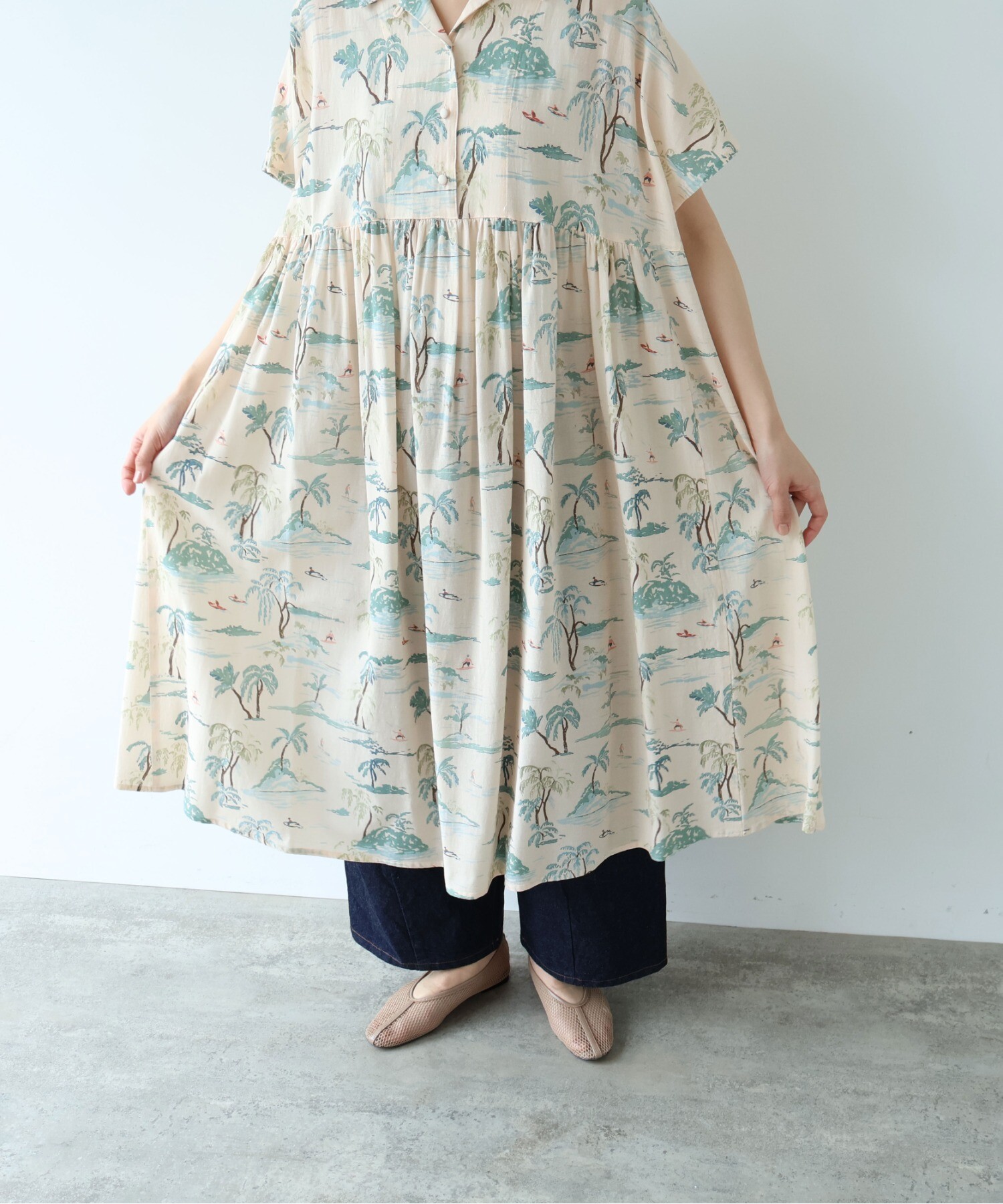 AMBIDEX Store Island print tiered open collar ワンピース(F ピンク