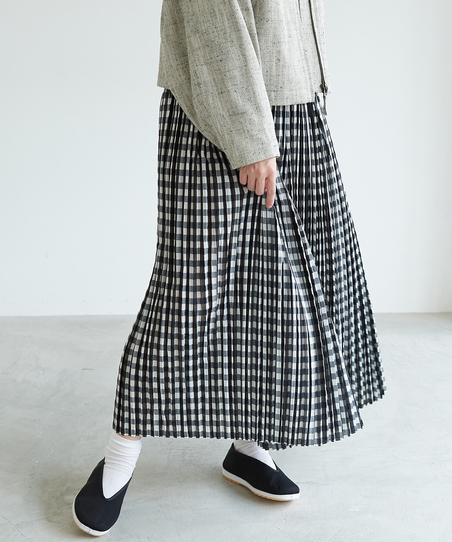 AMBIDEX Store polyester Cotton ginghum check rundom pleated skirt 