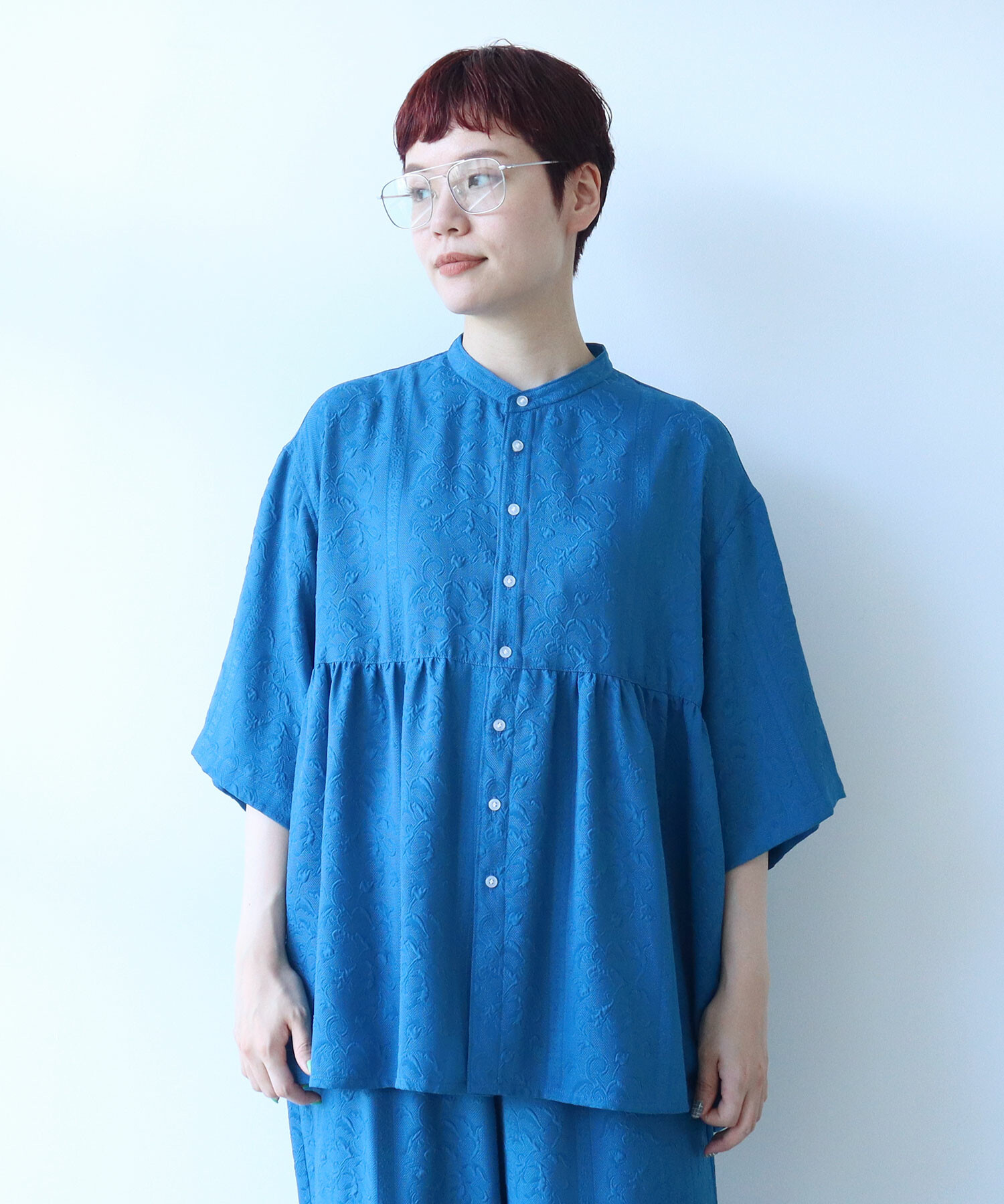 AMBIDEX Store ○botanical stripe gather シャツ(F NAVY): FLAT