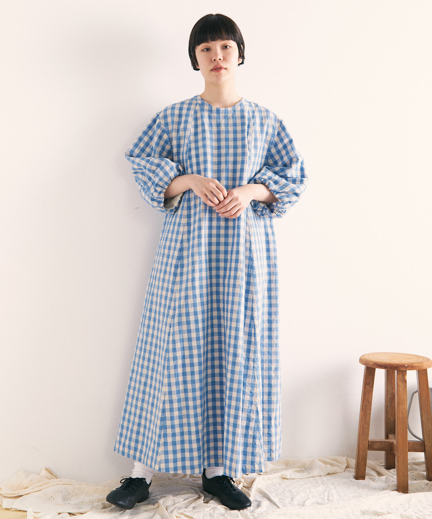 AMBIDEX Store ○コットン/リネン ギンガム BALLOON ドレス(F ギンガム 
