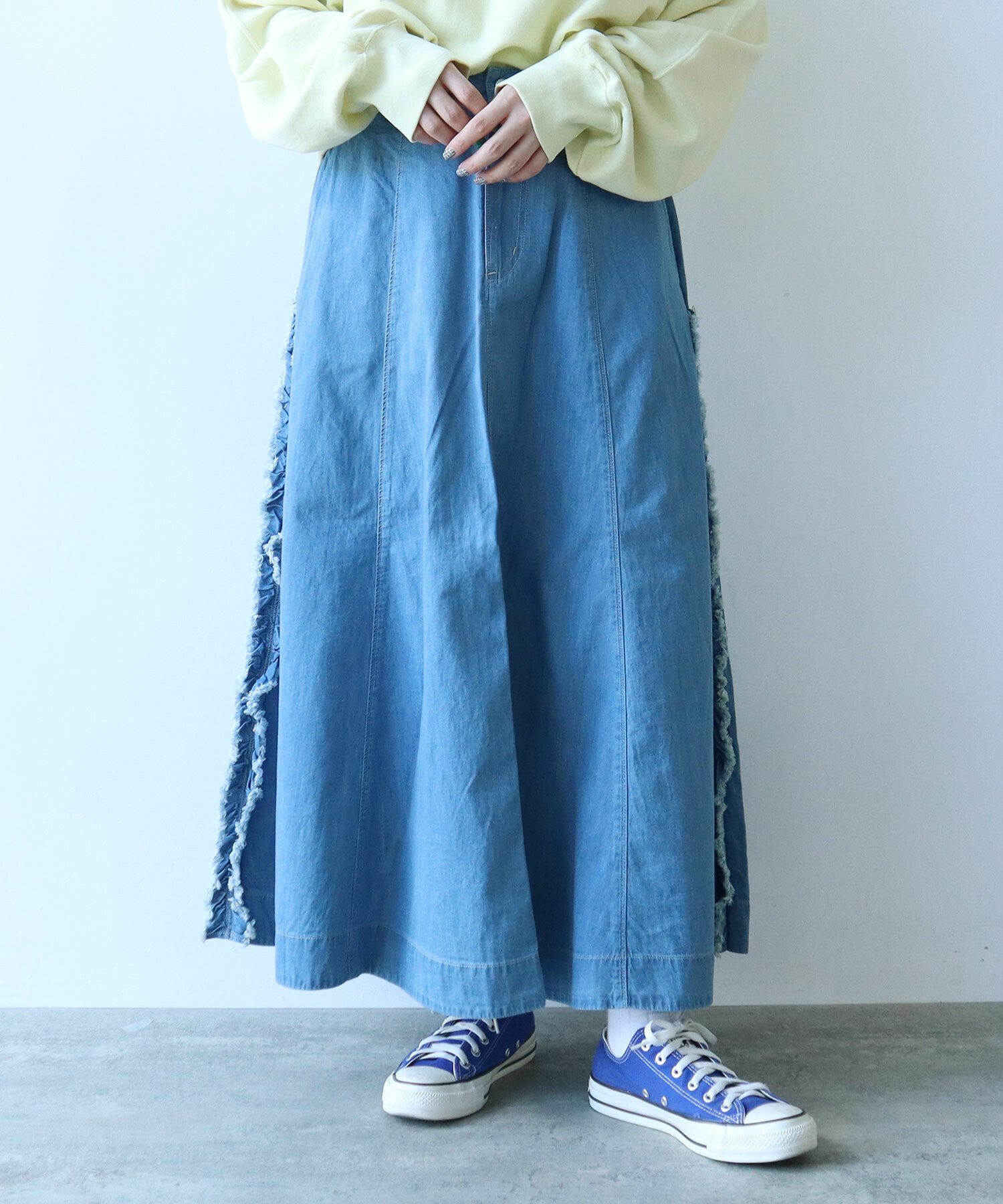 AMBIDEX Store 5.5oz LIGHT DENIM FLARE スカート(F LIGHT BLUE