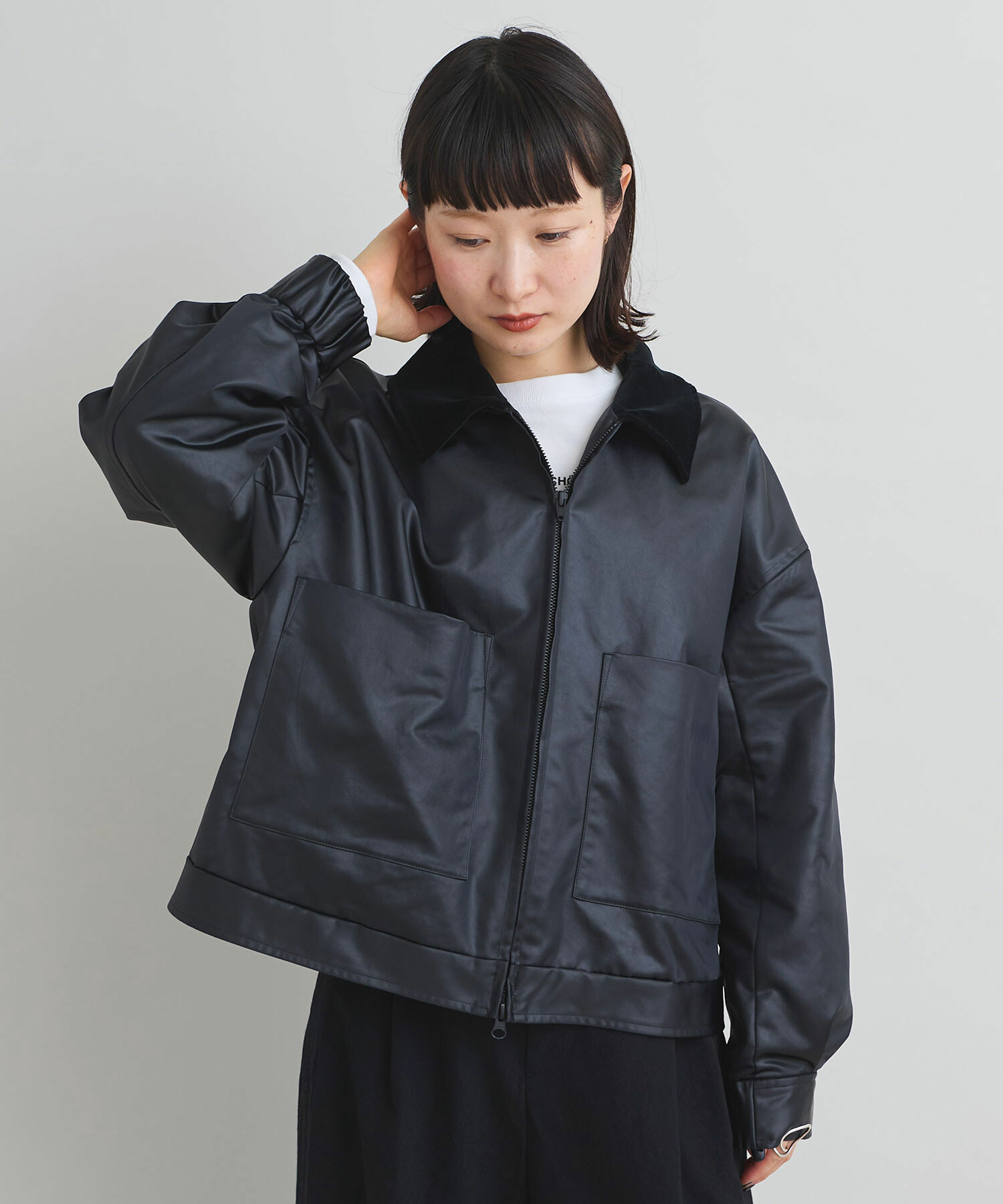 AMBIDEX Store フェイクレザージップ ブルゾン(F クロ): iki