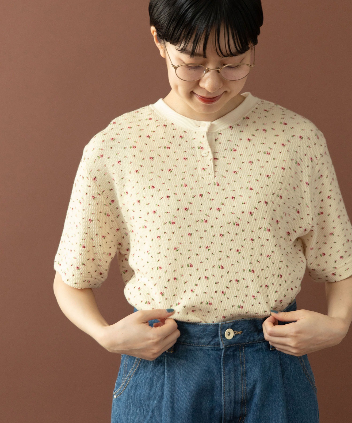 tシャツ USEDサーマル小花プリント ヘンリーネックTシャツ レディース AMBIDEX Store ○USEDサーマル小花プリント ヘンリーネックT