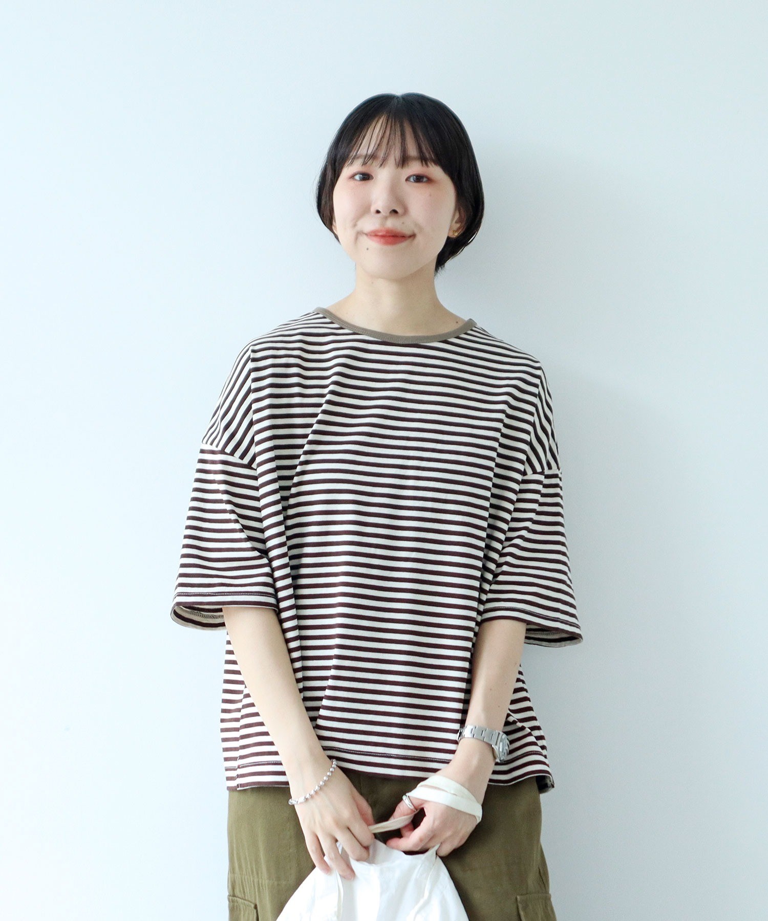 AMBIDEX Store △〇ボーダー配色バインダー 5分袖BIG Tシャツ(F