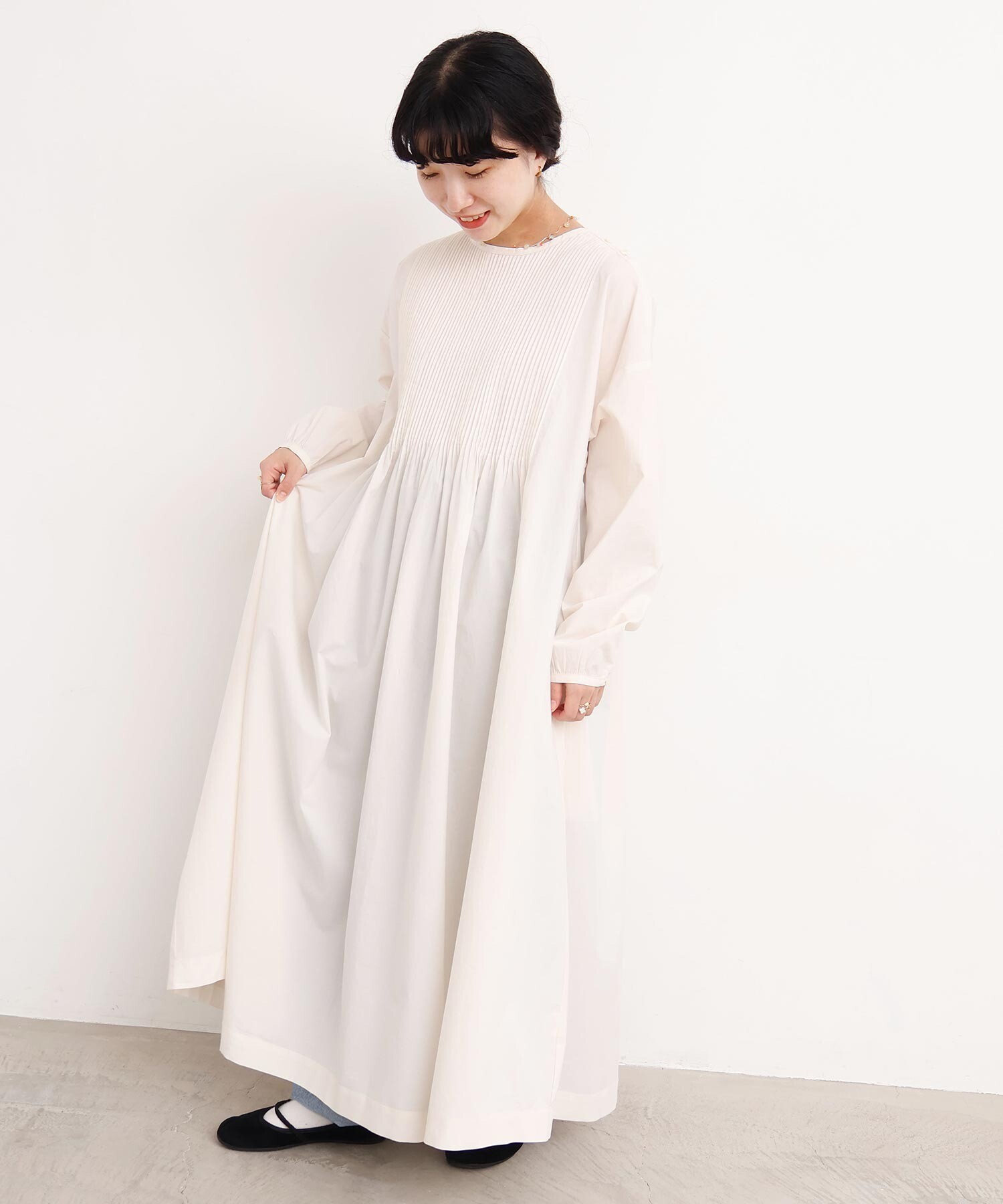 AMBIDEX Store バスクシャツみたいなピンタックワンピース(F サックス