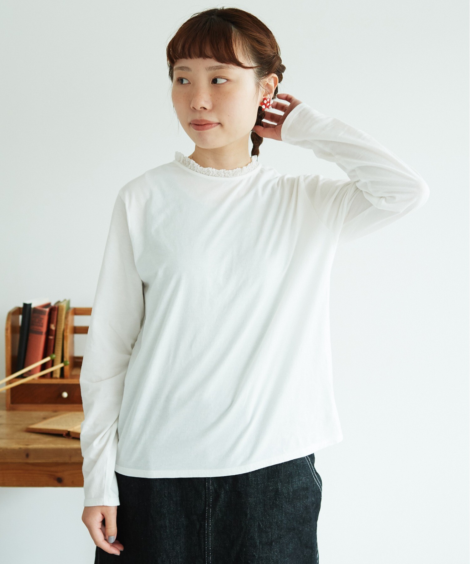 AMBIDEX Store ○cdc 40/-天竺 レースフリルロングTシャツ(F シロ