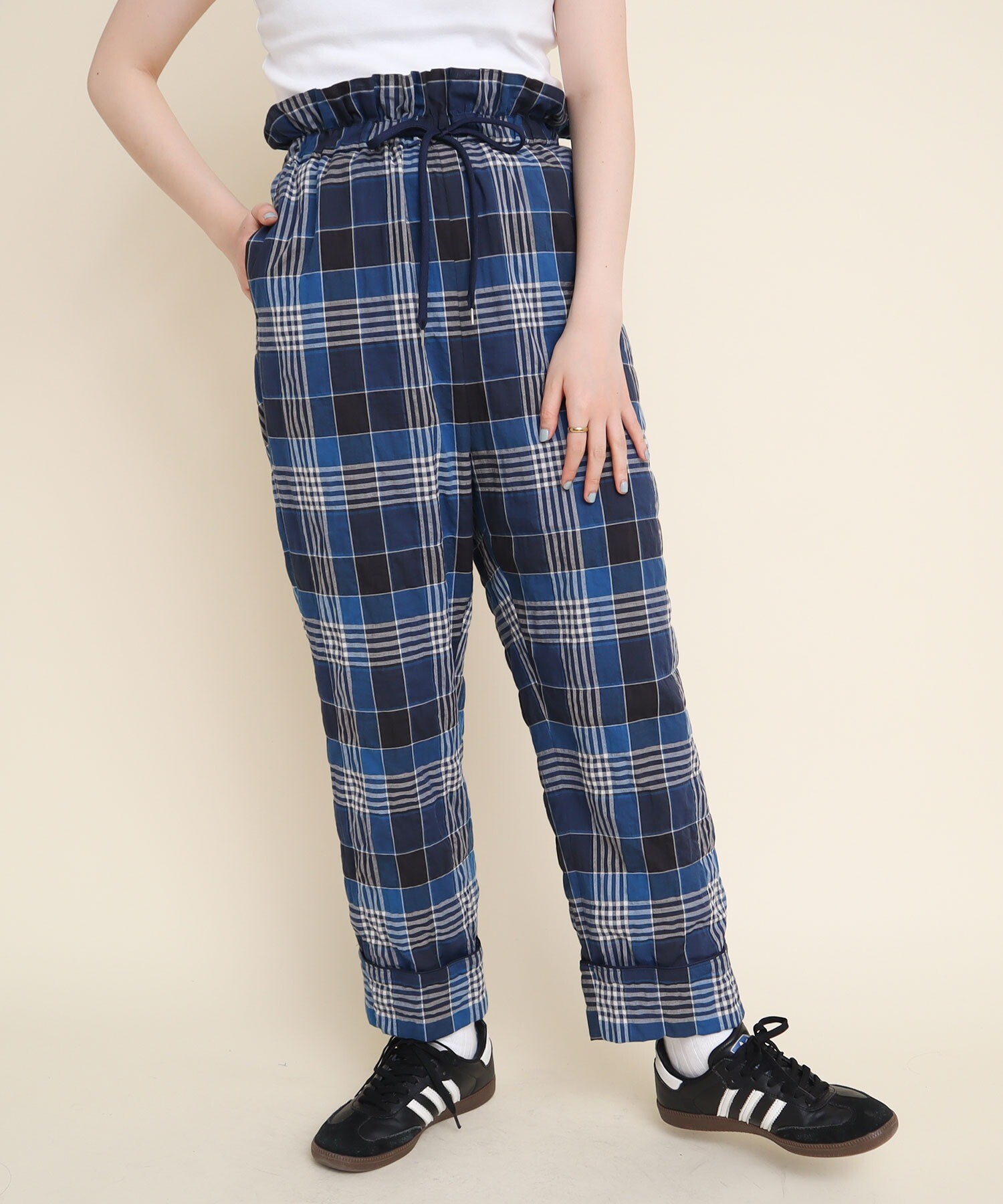 AMBIDEX Store 〇shirring check waist frill PANTS(F アオ): l 