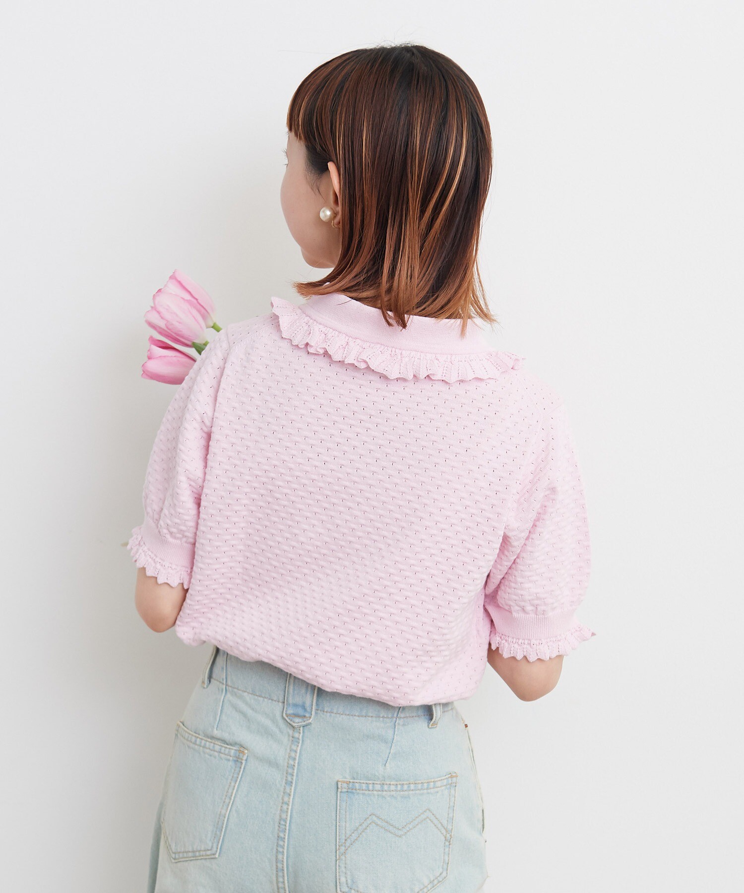 AMBIDEX Store ○40/2強撚綿すかし編み えり付き半袖プルオーバー(F ピンク): Dot and Stripes CHILD WOMAN