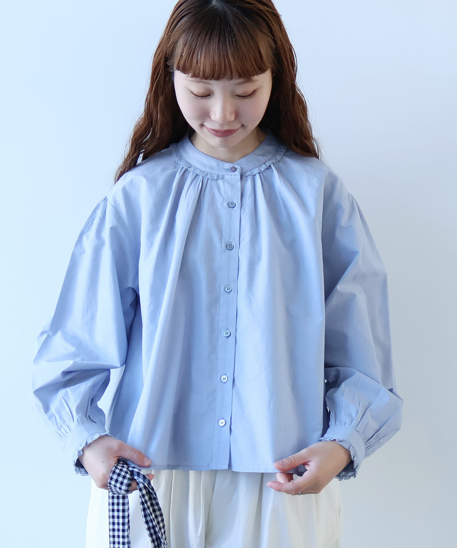 AMBIDEX Store 〇 コットン / シルク lace ギャザーブラウス(F ブルー