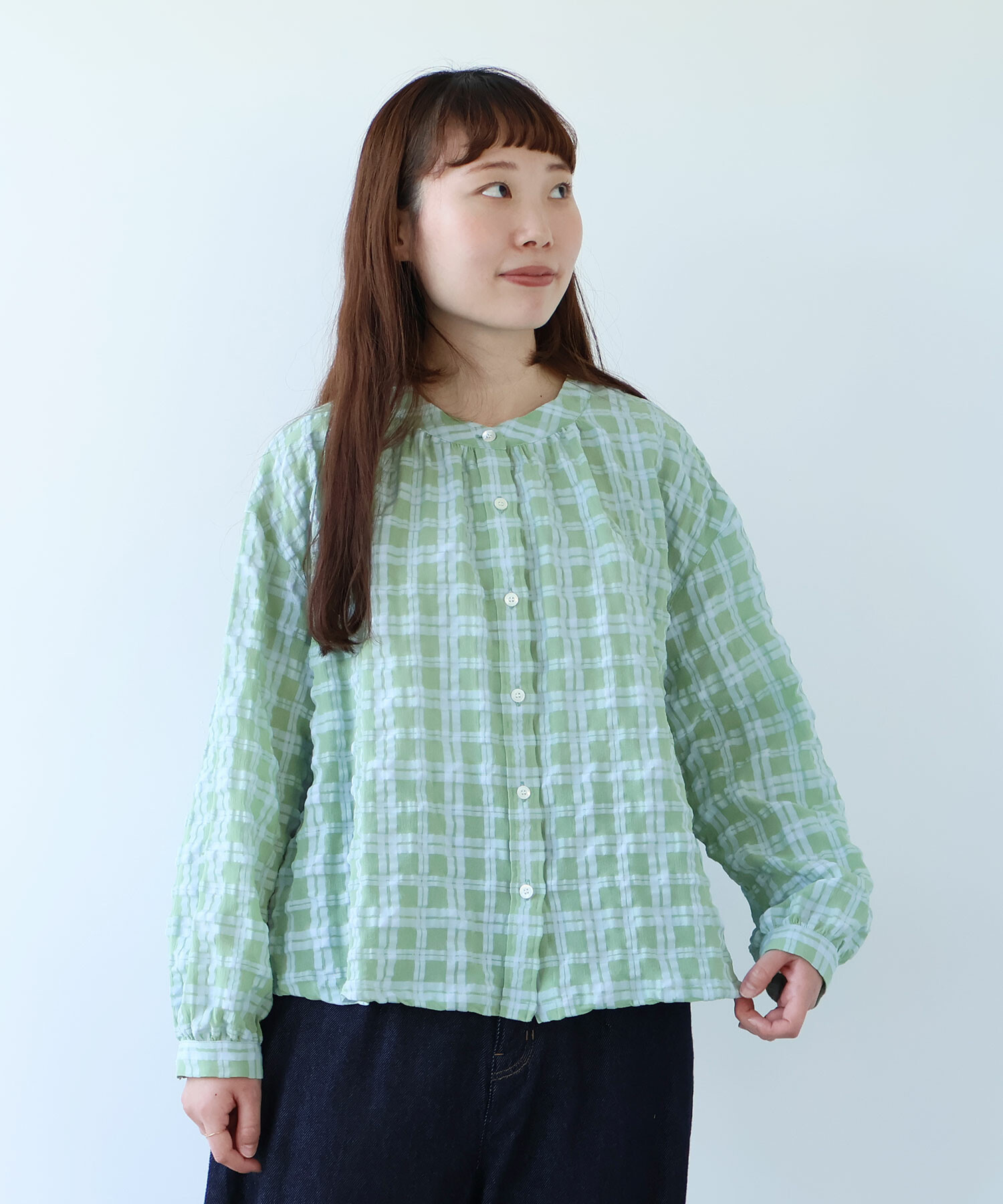 AMBIDEX Store ○ sheer check バンドカラーブラウス(F アオチェック