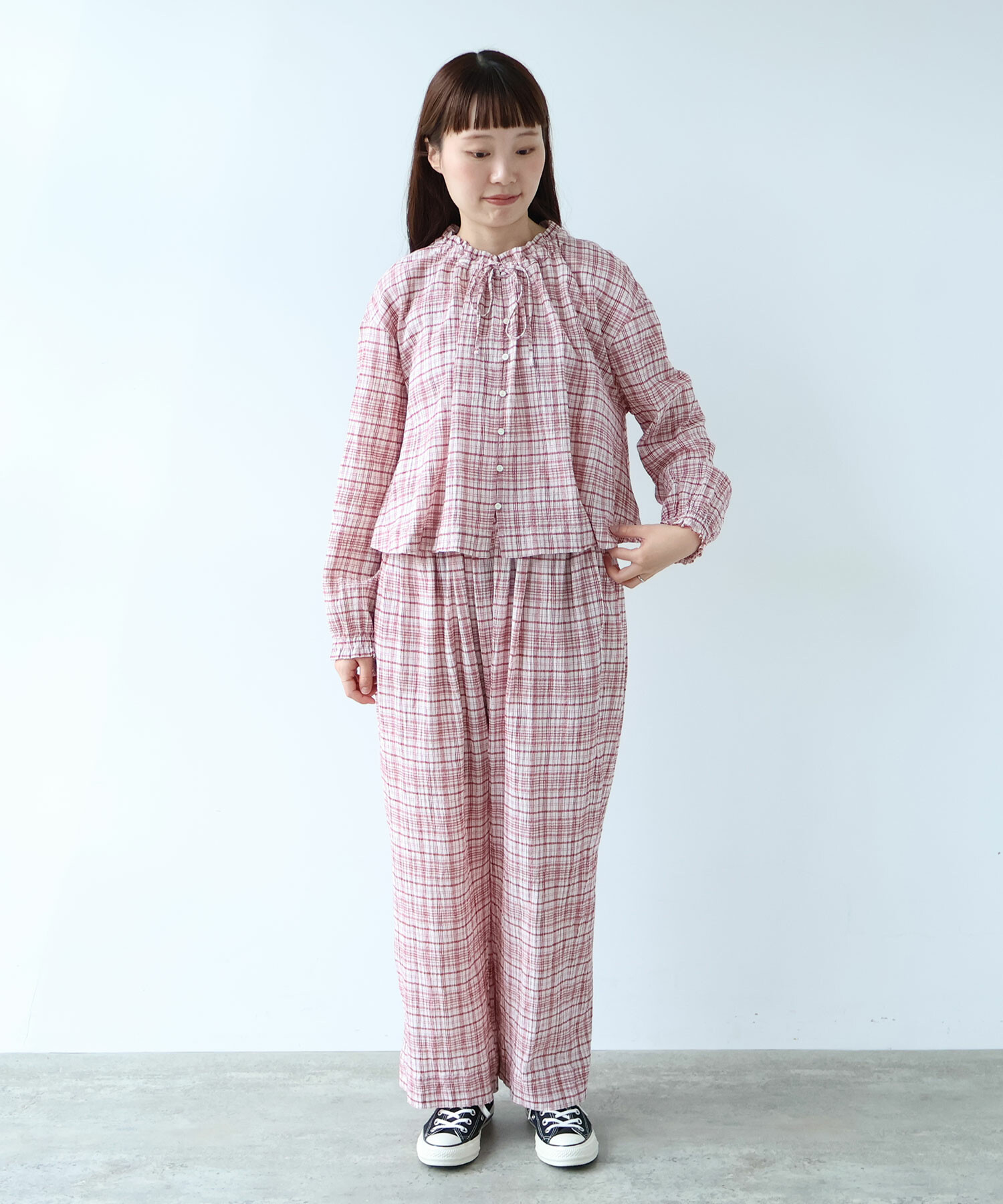 サボン様確認用 AMBIDEX Store 【予約販売】〇 ちぢみcheck パンツ(F ピンク): bulle