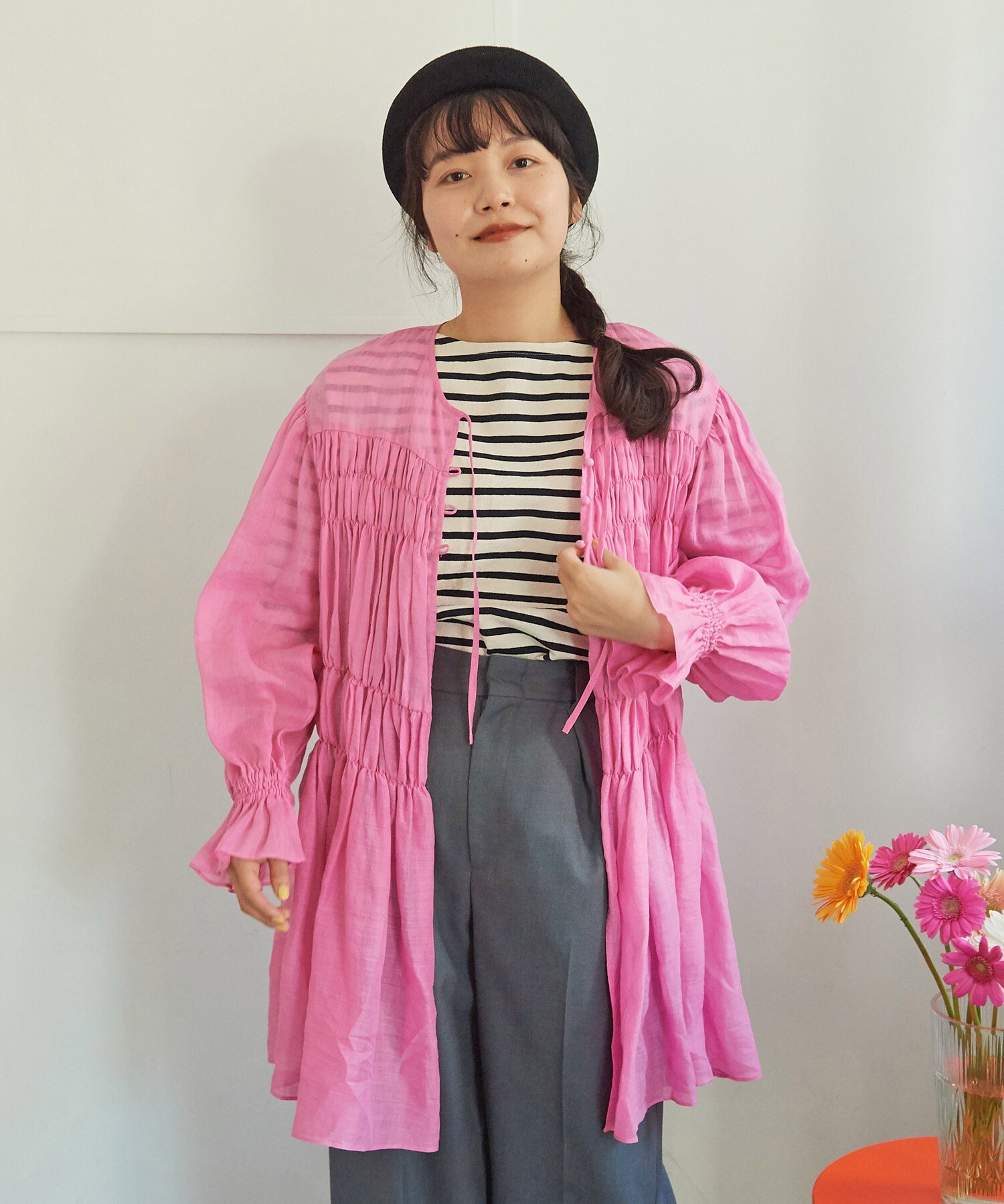 AMBIDEX Store ○ラミーローン シャーリングチュニックはおりブラウス(F キナリ): Dot and Stripes CHILD WOMAN