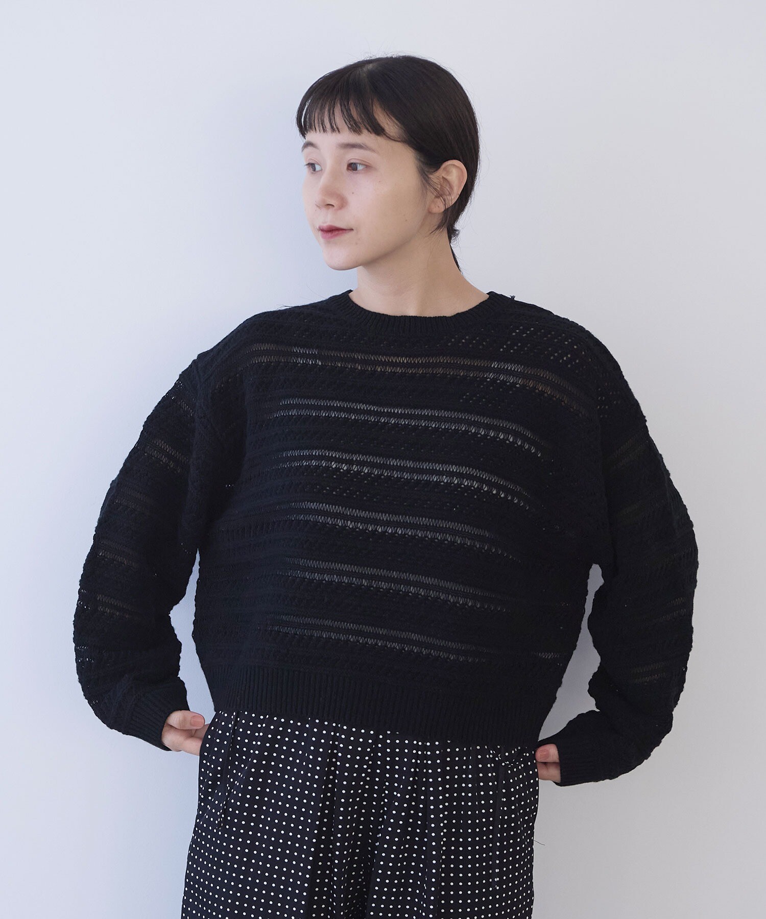 AMBIDEX Store ○ウールコットン透かし編み short プルオーバー(F クロ