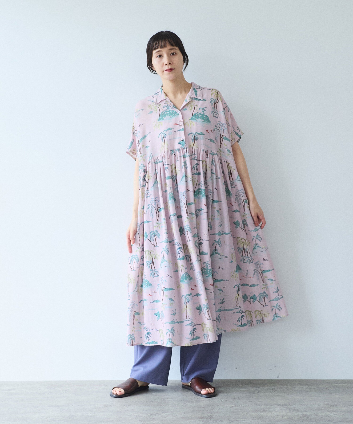AMBIDEX Store Island print tiered open collar ワンピース(F ピンク