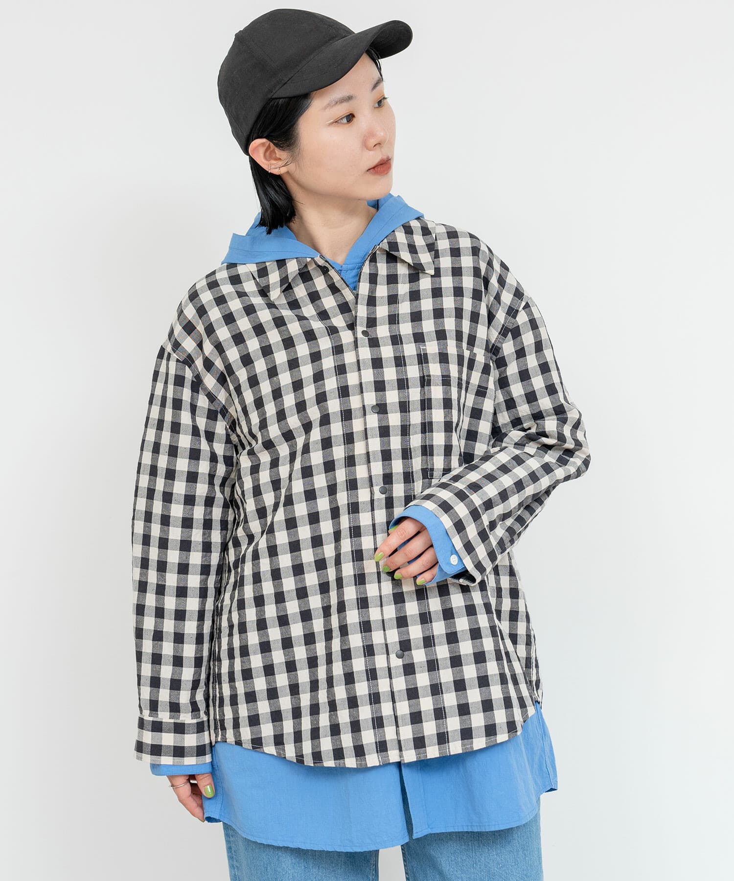 AMBIDEX Store コットン/リネン ギンガム ジャケットシャツ(F BLUE