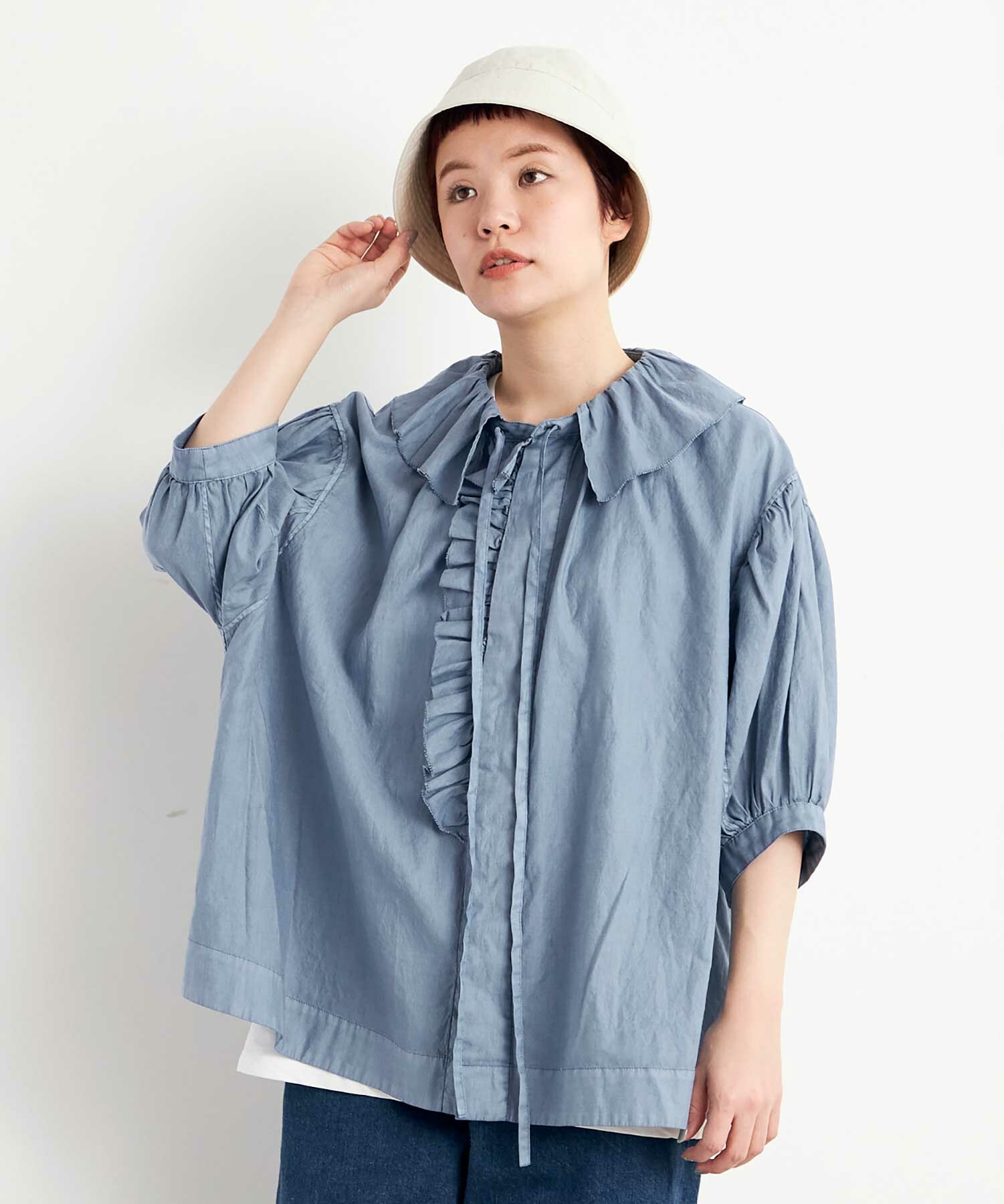 AMBIDEX Store ○80satin frill puff ブラウス(F CHACOAL): FLAT