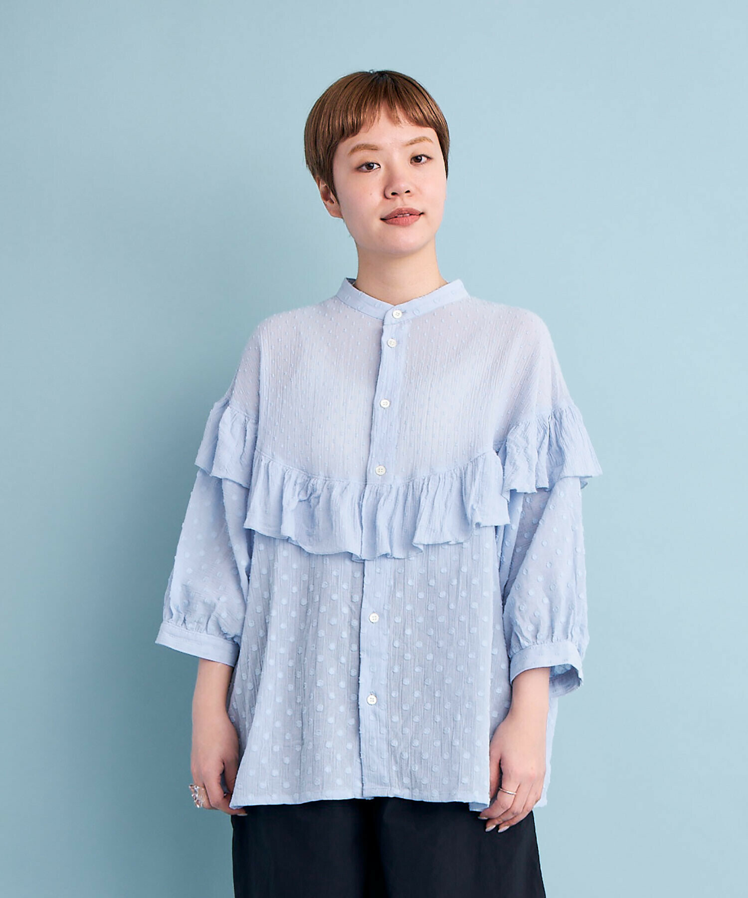 AMBIDEX Store 【予約販売】DOT CUT DOBBY ROUND FRILL ブラウス(F