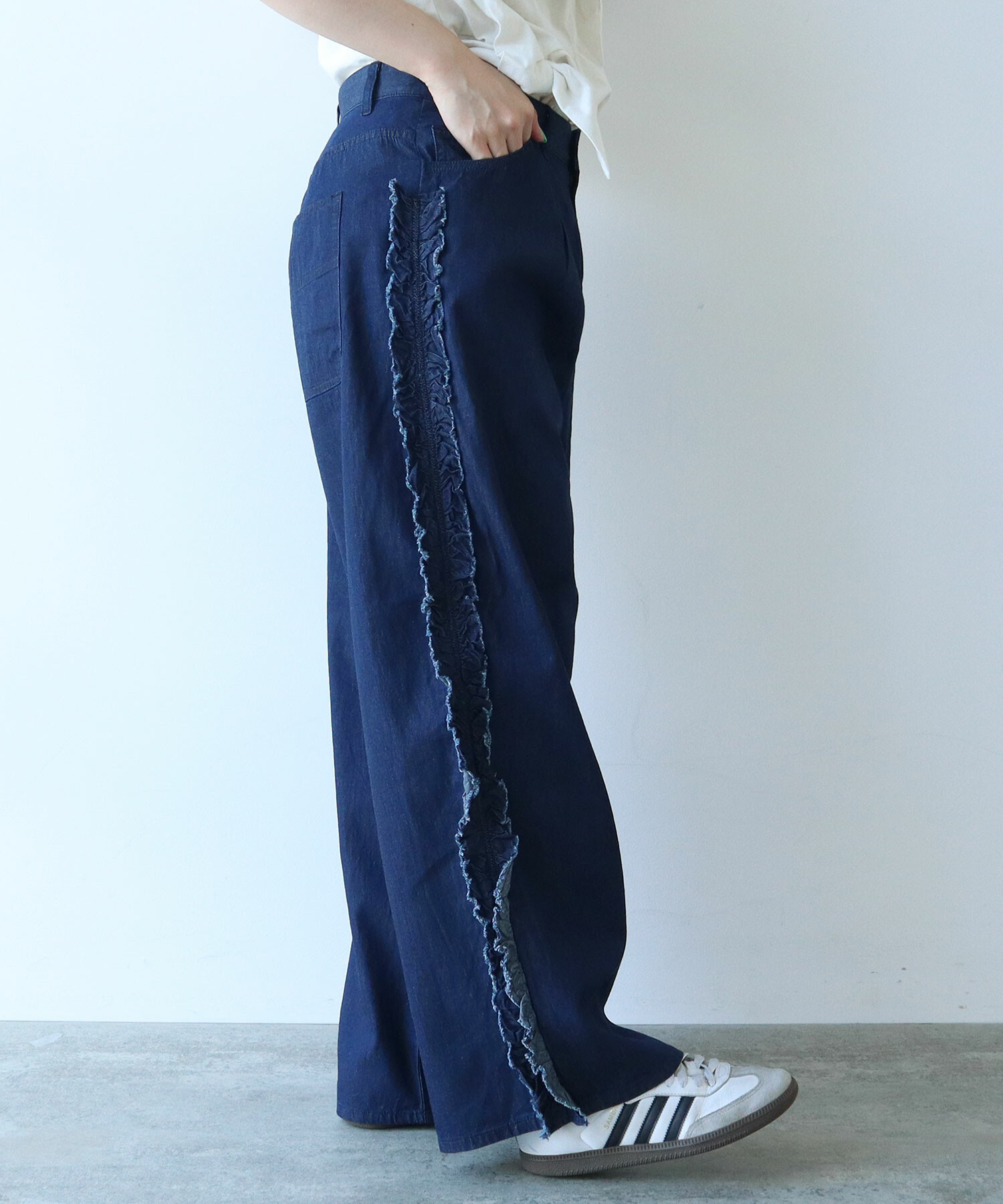 AMBIDEX Store 5.5oz LIGHT DENIM SIDE FRILL パンツ(F LIGHT BLUE