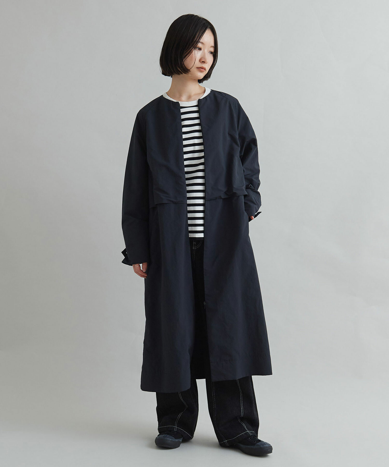 79センチ袖丈s'yte サイト 21SS T/W Tropical Stretch 3 layers Big Chester Coat 切りっぱなしデザインロングコート ブラック UT-C44-100