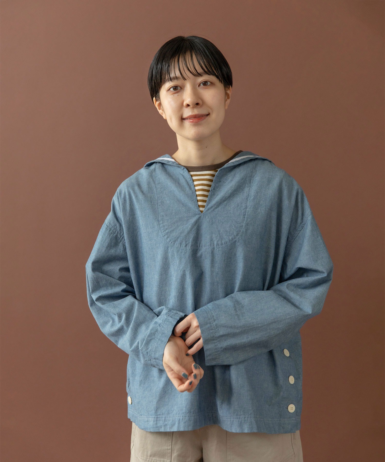 ブラウス シャツ セルヴィッチシャンブレー/ストライプ セーラーシャツ レディース AMBIDEX Store ○セルヴィッチシャンブレー/ストライプ セーラー