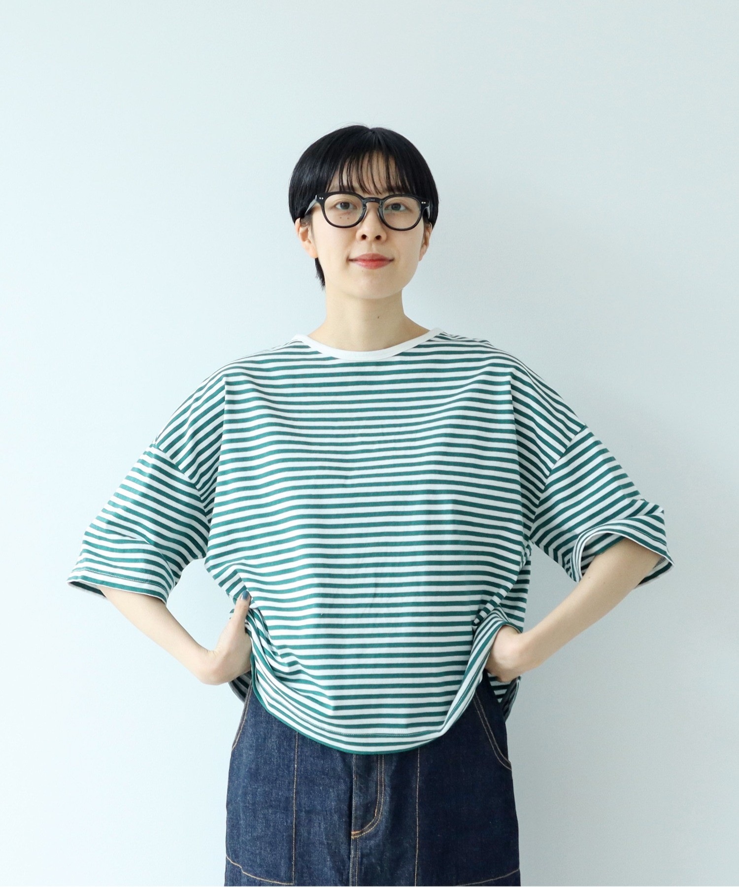 AMBIDEX Store ボーダー配色バインダー 5分袖BIG Tシャツ(F アオ