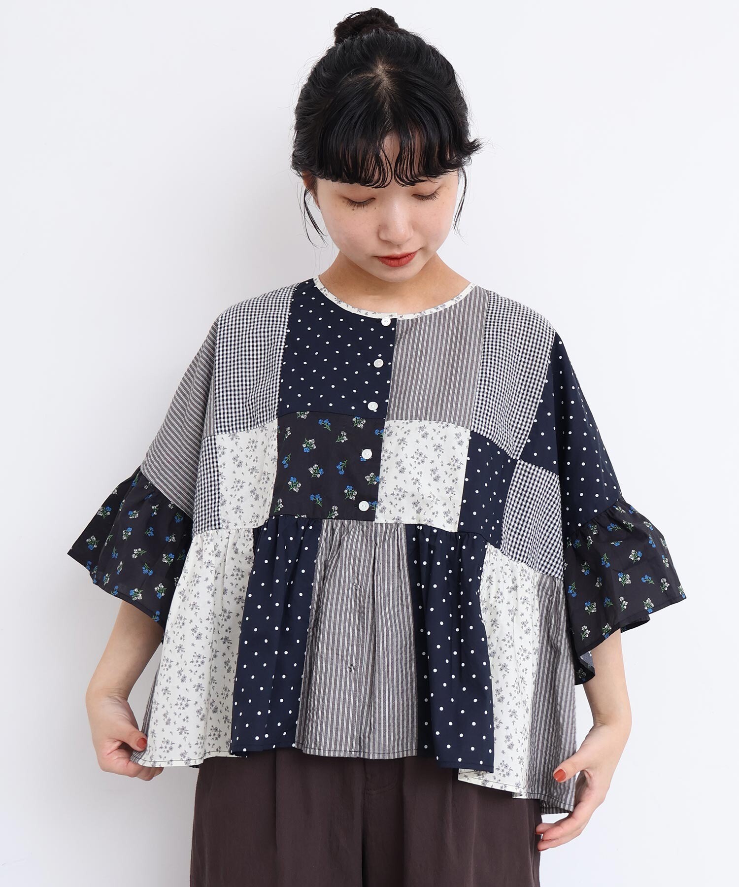 AMBIDEX Store little garden パッチワークブラウス(F クロ): l