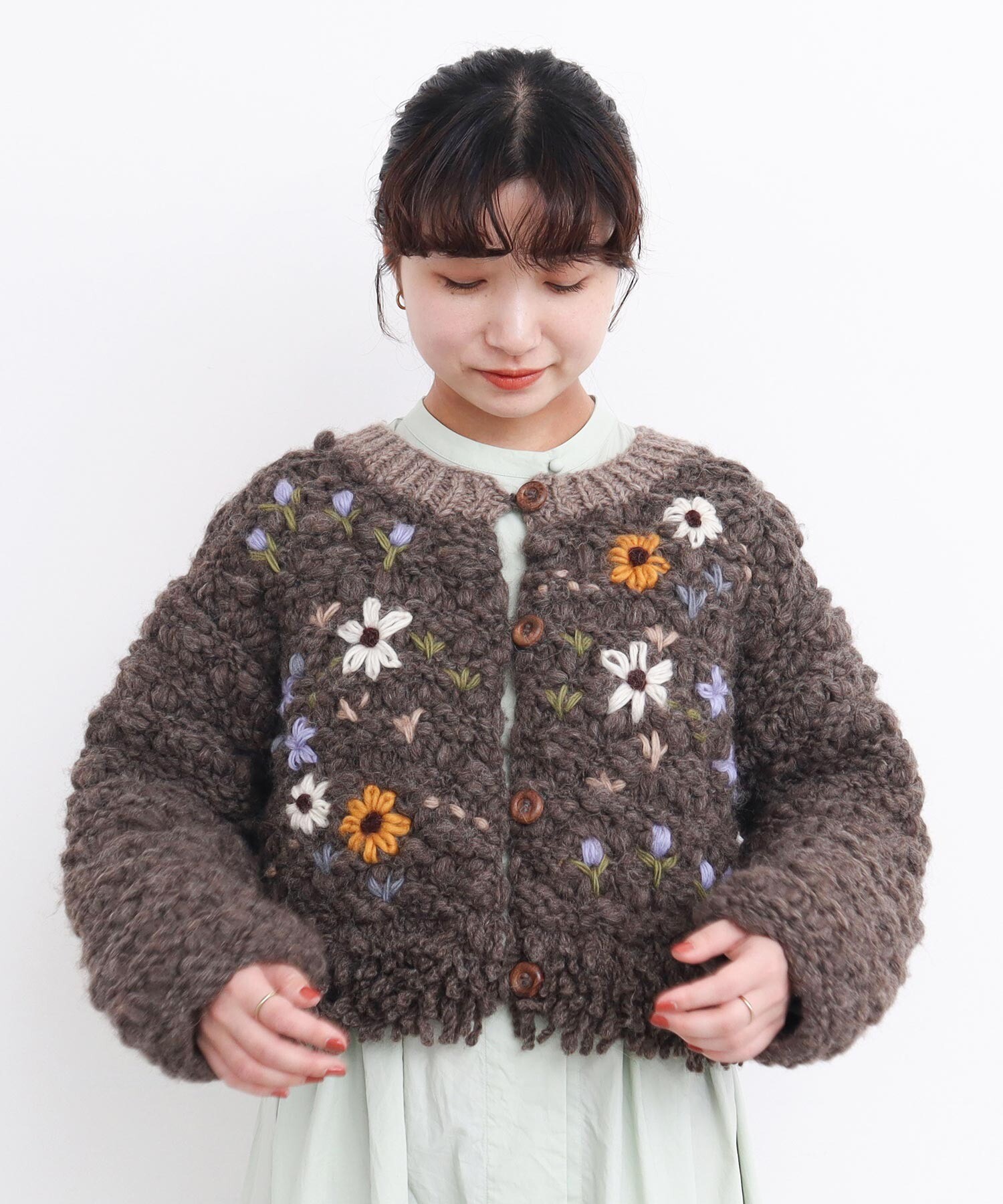 AMBIDEX Store 〇花の咲く散歩道 ハンドニットカーディガン (F チャ