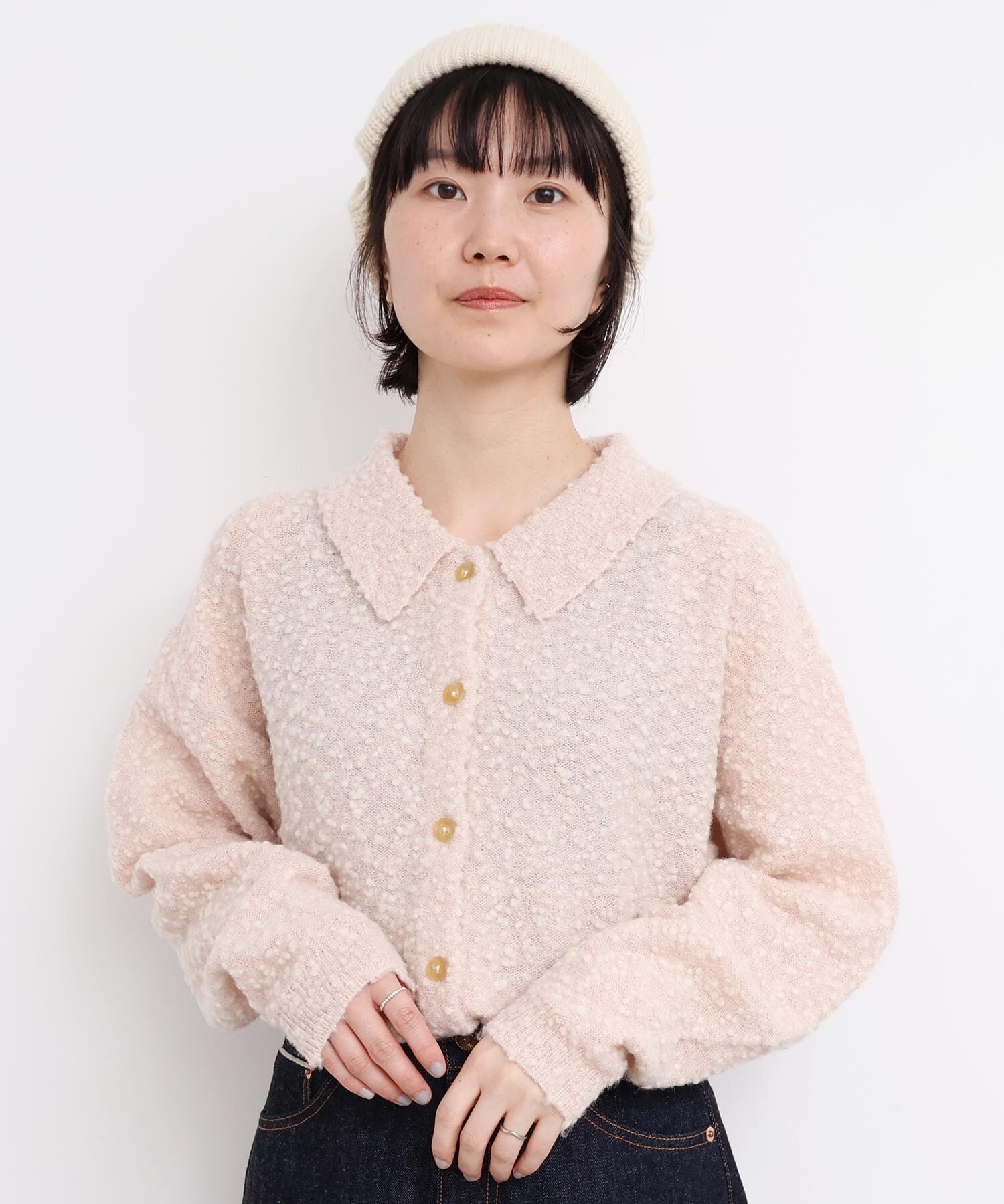 AMBIDEX Store 〇きらっとしたニット 襟付きカーディガン(F キナリ): l