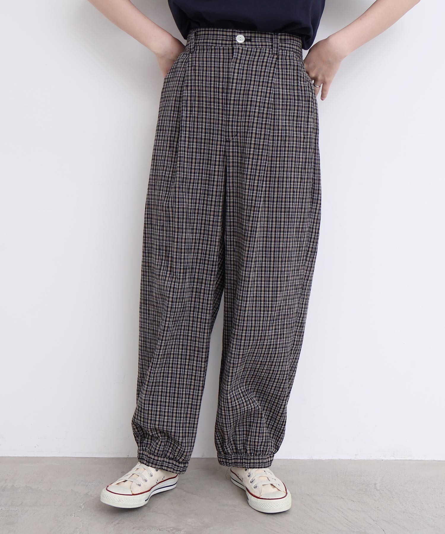 AMBIDEX Store 〇やさしいチェック 裾しぼりパンツ (F ベージュ): l