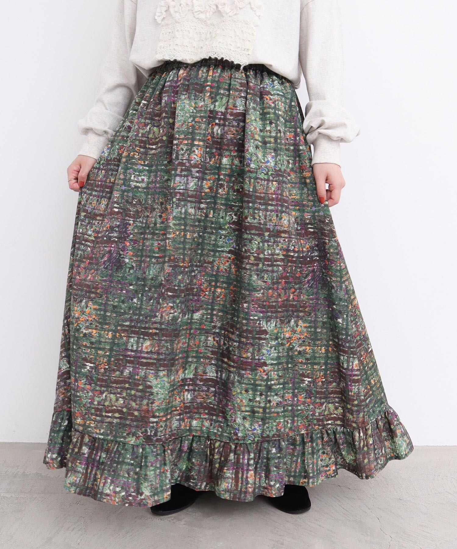 AMBIDEX Store ○check × hana 手描きプリントスカート(F コゲチャ): l